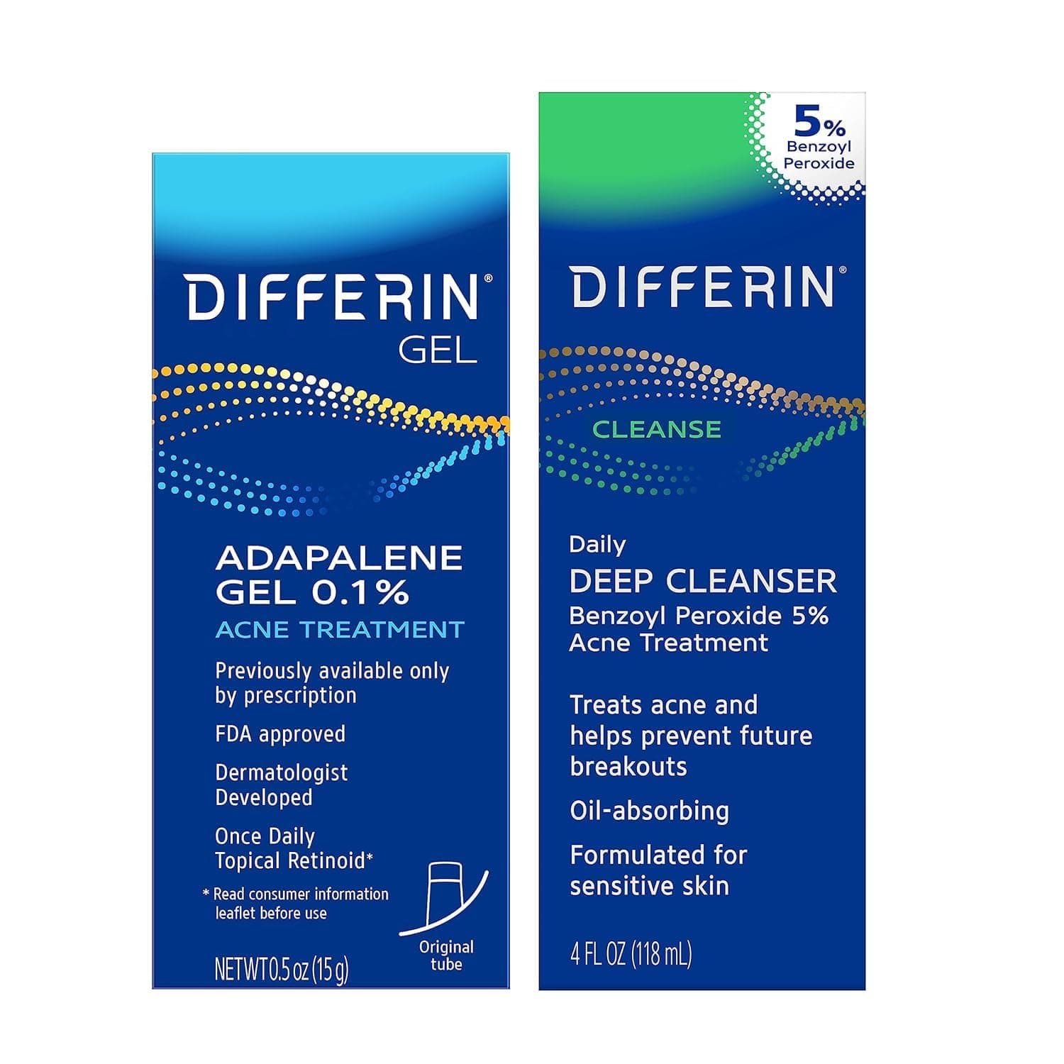 Acne Skin Care Kit, Differin Gel Retinoid Acne Treatment for Face with 0.1% Adapalene & 5% Benzoyl Peroxide Face Wash & Body Wash, Designed for Pimple and Acne Prone Skin