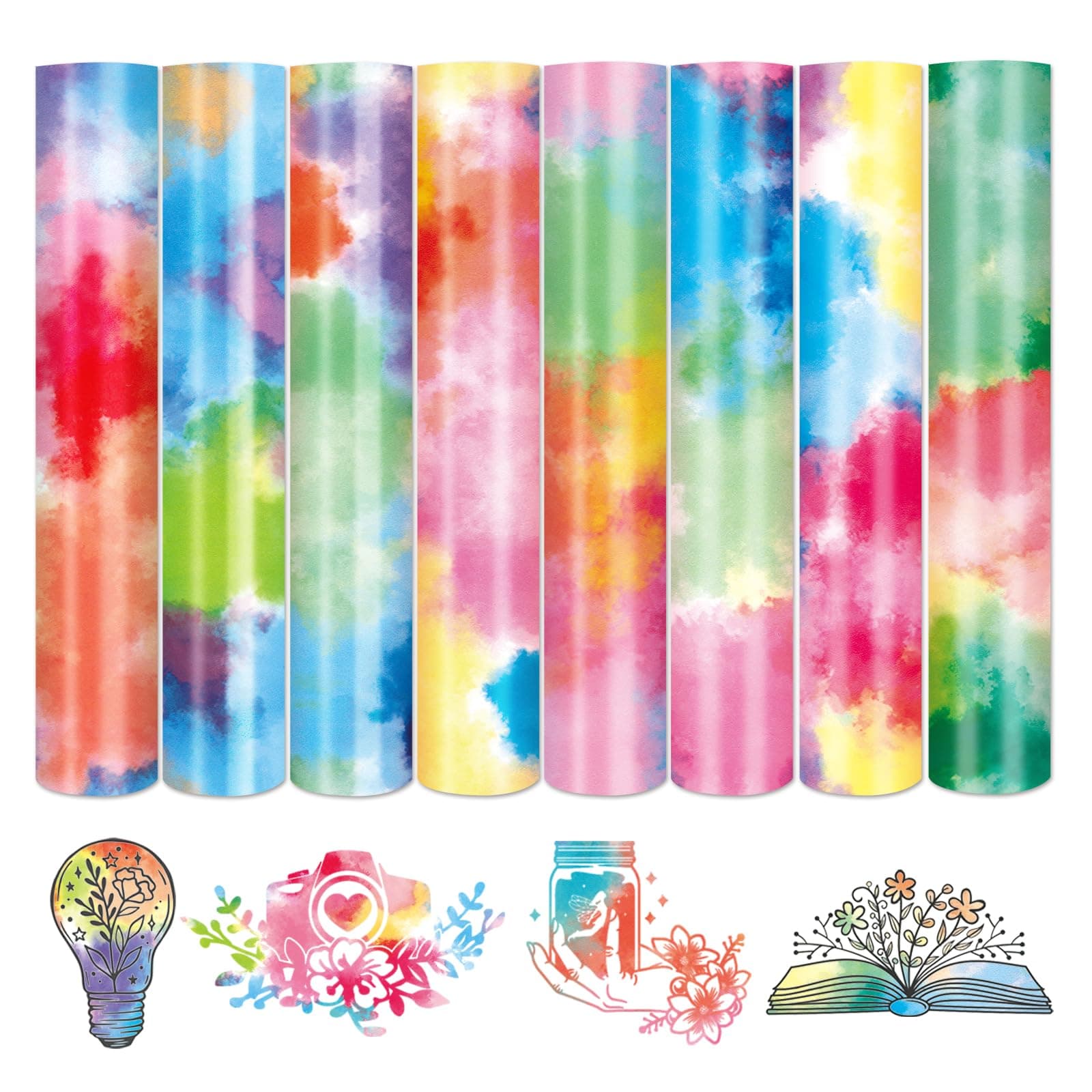 Tintnut Tie Dye Heat Transfer Vinyl -8 Sheets 10×12 Inch Watercolor Iron on Vinyl for T-Shirt Rainbow Watercolor HTV Vinyl for T-Shirt DIY