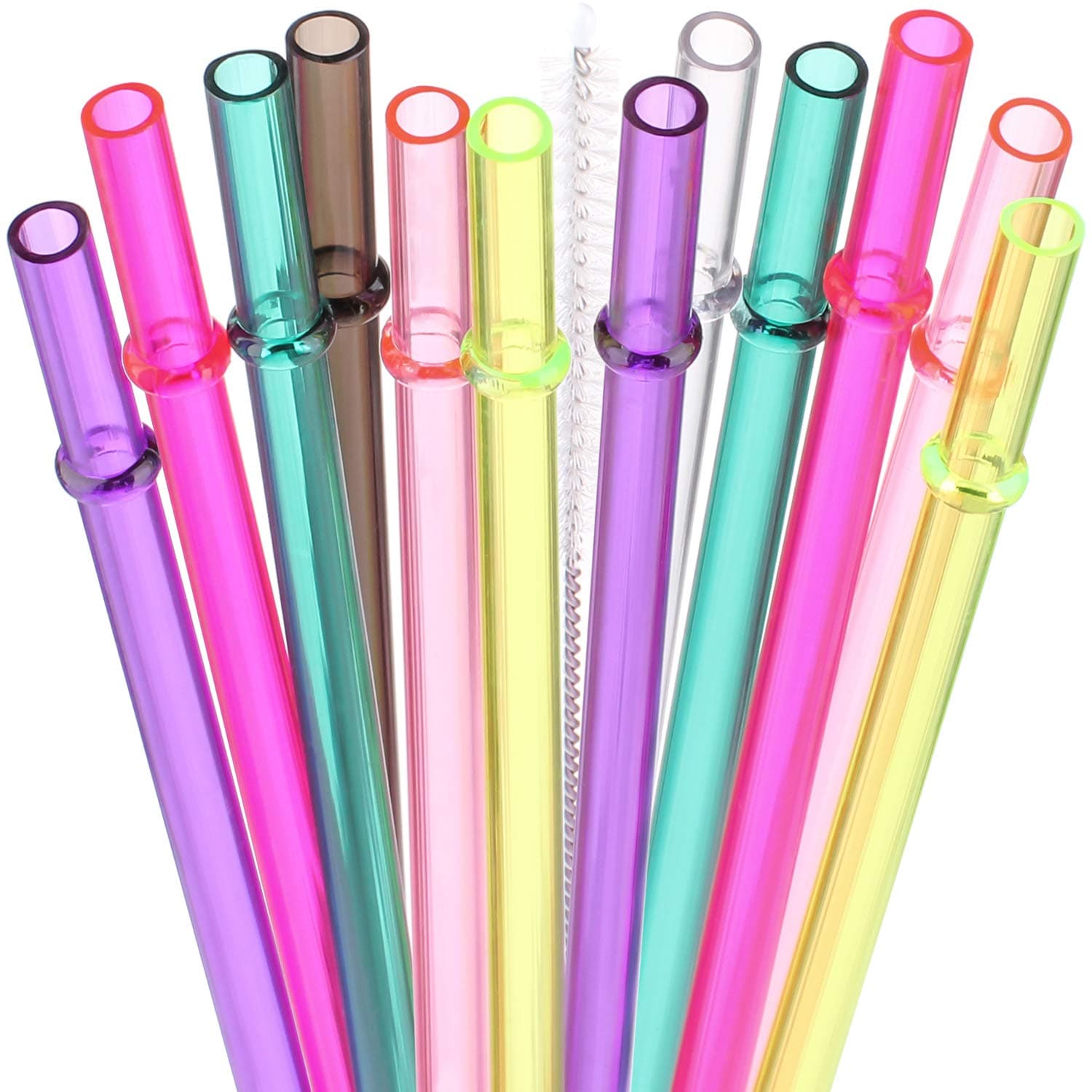 Dakoufish 13" Long Reusable Plastic Replacement Drinking Straws for 40 oz,30 oz & 24 oz Mason Jar,Tumblers, Set of 12 with Cleaning Brush (13inch,7color)