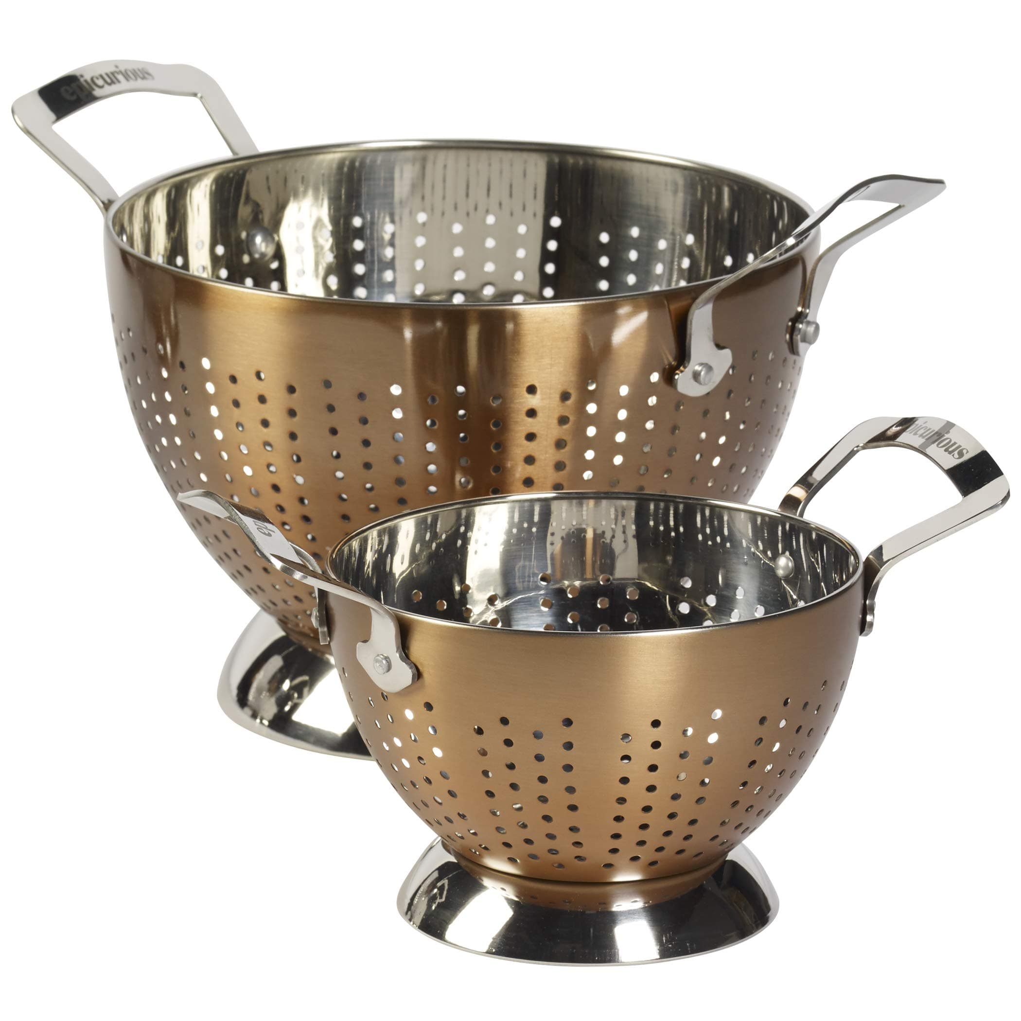 Epicurious 2 Piece Stainless Steel Tall Free Standing Sturdy Colander Strainer Rinsing Bowl Set with Handles and Footed Base, 5 Quart and 1.5 Quart Sizes