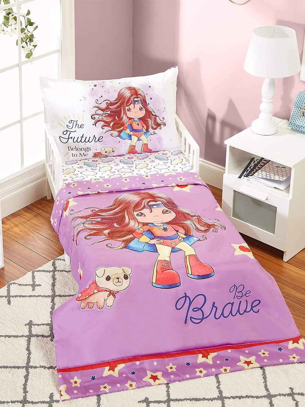 EVERYDAY KIDS Precious Moments Little Dreamers Be Brave 4 Piece Toddler Bedding Set - Includes Comforter, Flat Sheet, Fitted Sheet and Reversible Pillowcase - Girls Superhero