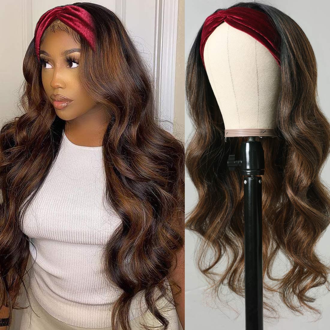 Nadula Hair FB30# Highlights Honey Brown Ombre Body Wave Headband Wigs Human Hair None Lace Front Wig For Black Women, Brazilian Body Wave Headband Wig Balayage Highlights Wig 150% Density (18inch)