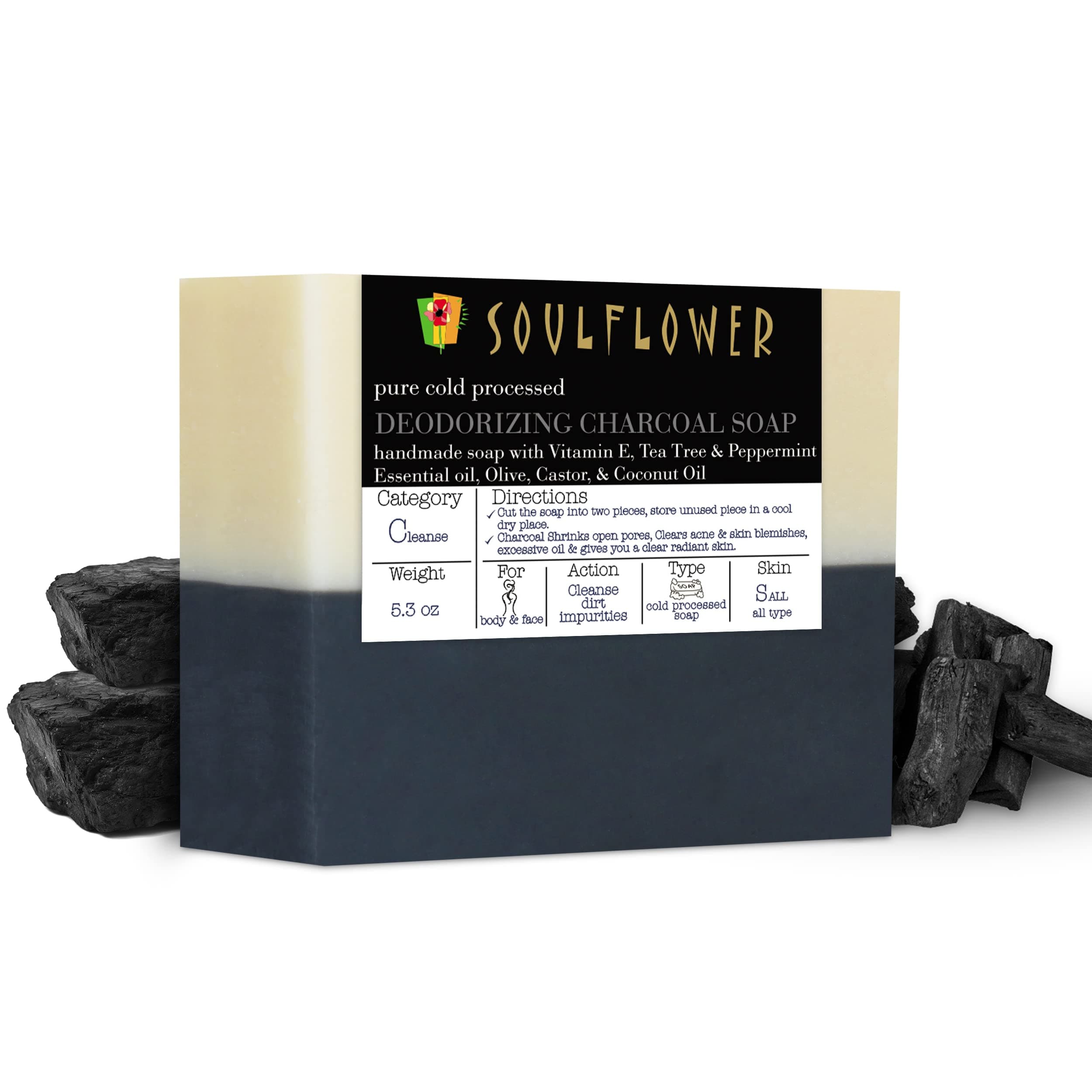 Soulflower Deodorizing Charcoal Soap With Activated Charcoal, Peppermint Oil, Tea Tree Oil, Vitamin E For Acne, Body Odour - 150gm/5.3Oz