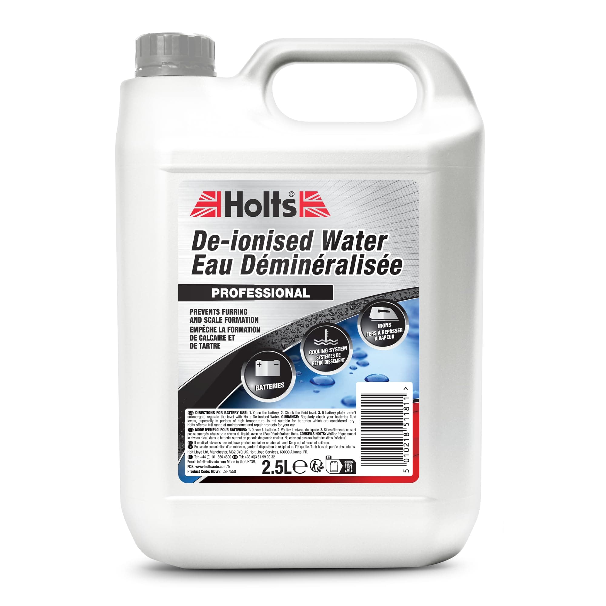 HoltsDe-ionised Water, Car Cleaning Deionised Water, Professional Quality Pure DI Water To Prevent Furring & Scale Formation, For Lead-Acid Batteries & Engine Cooling Systems, Universal Fit, 2.5L