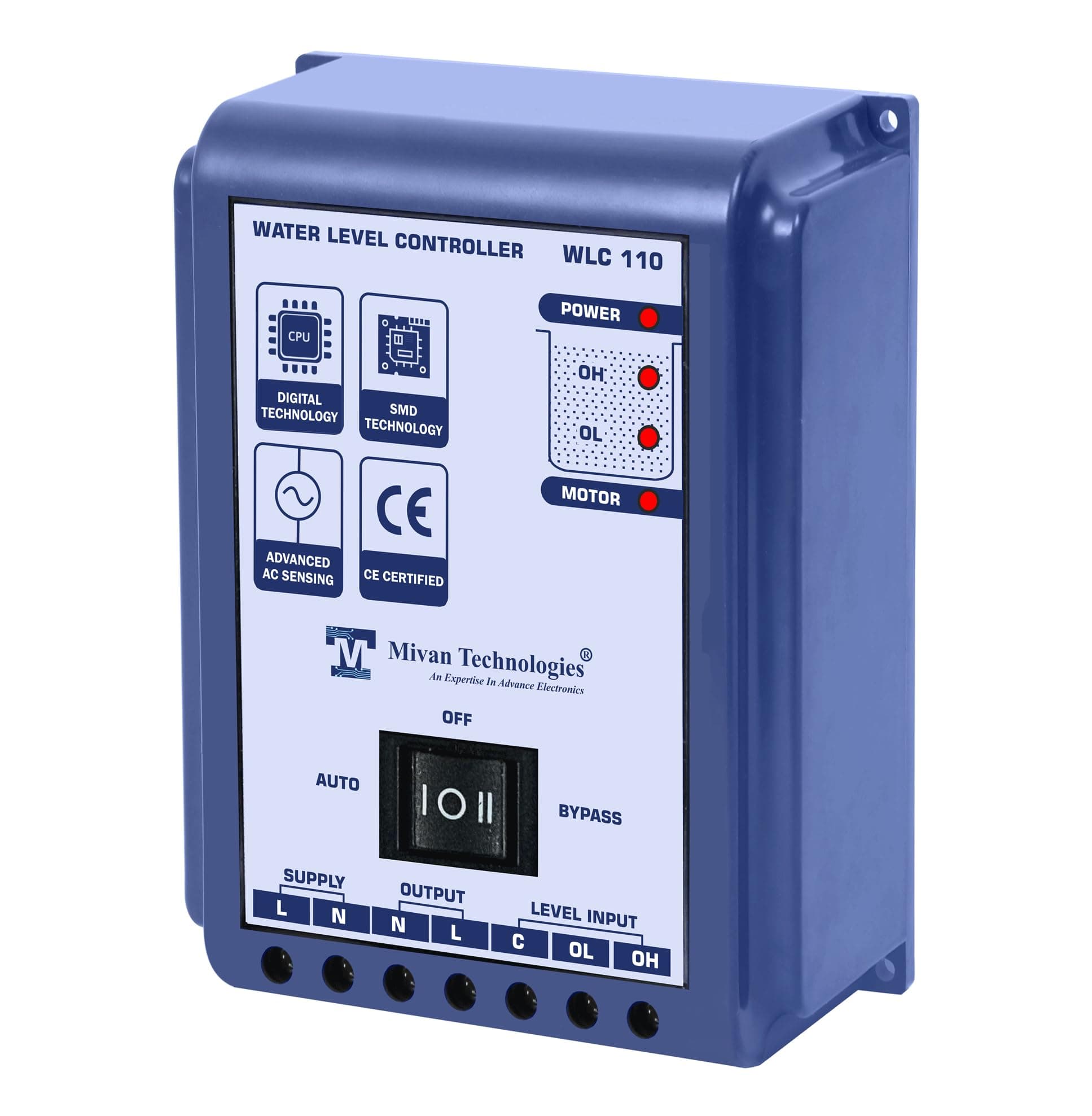 Mivan Technologies Plastic ABS Fully Automatic Water Level Controller and 3 Sensors Supply 230VAC (Blue)