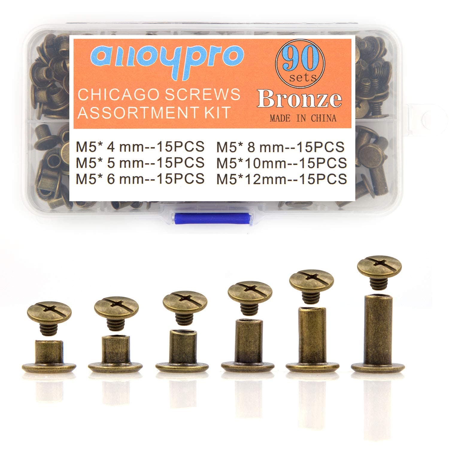 90 Sets Chicago Screws Assorted Kit 6 Sizes Bronze Leather Rivets 3/16(5mm) Screw Rivets Phillip Head Book Binding Posts Nail Rivet Chicago Bolts for DIY Leather Craft Bookbinding (5 x 4,5,6,8,10,12)
