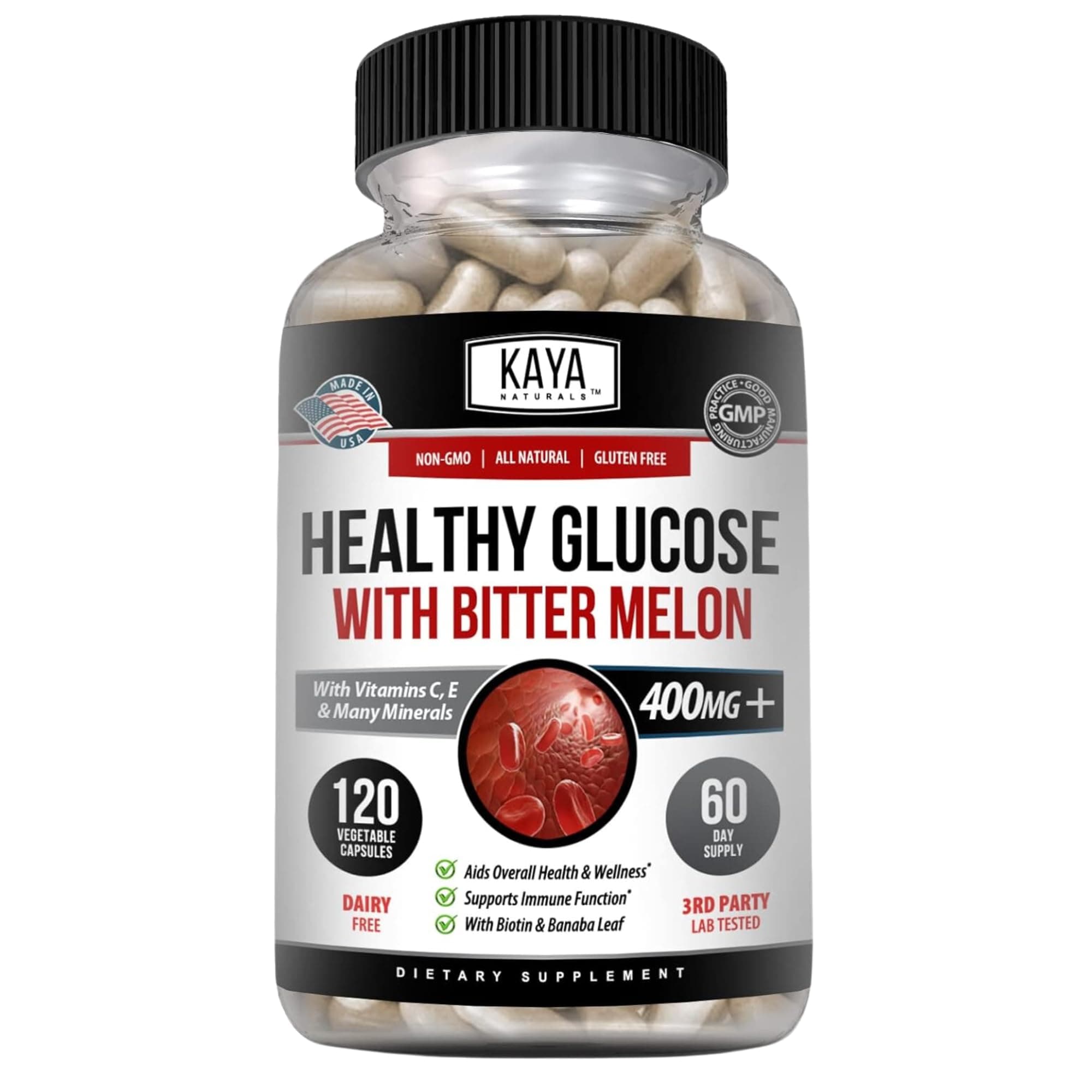 Kaya Naturals Healthy Gluco with Bittermelon Supplement | Support Healthy Levels and Function, 20 Herbs Vitamins and Minerals, Alpha Lipoic Acide, Cinnamon, Vitamin C & E, Non-GMO (120 Count)