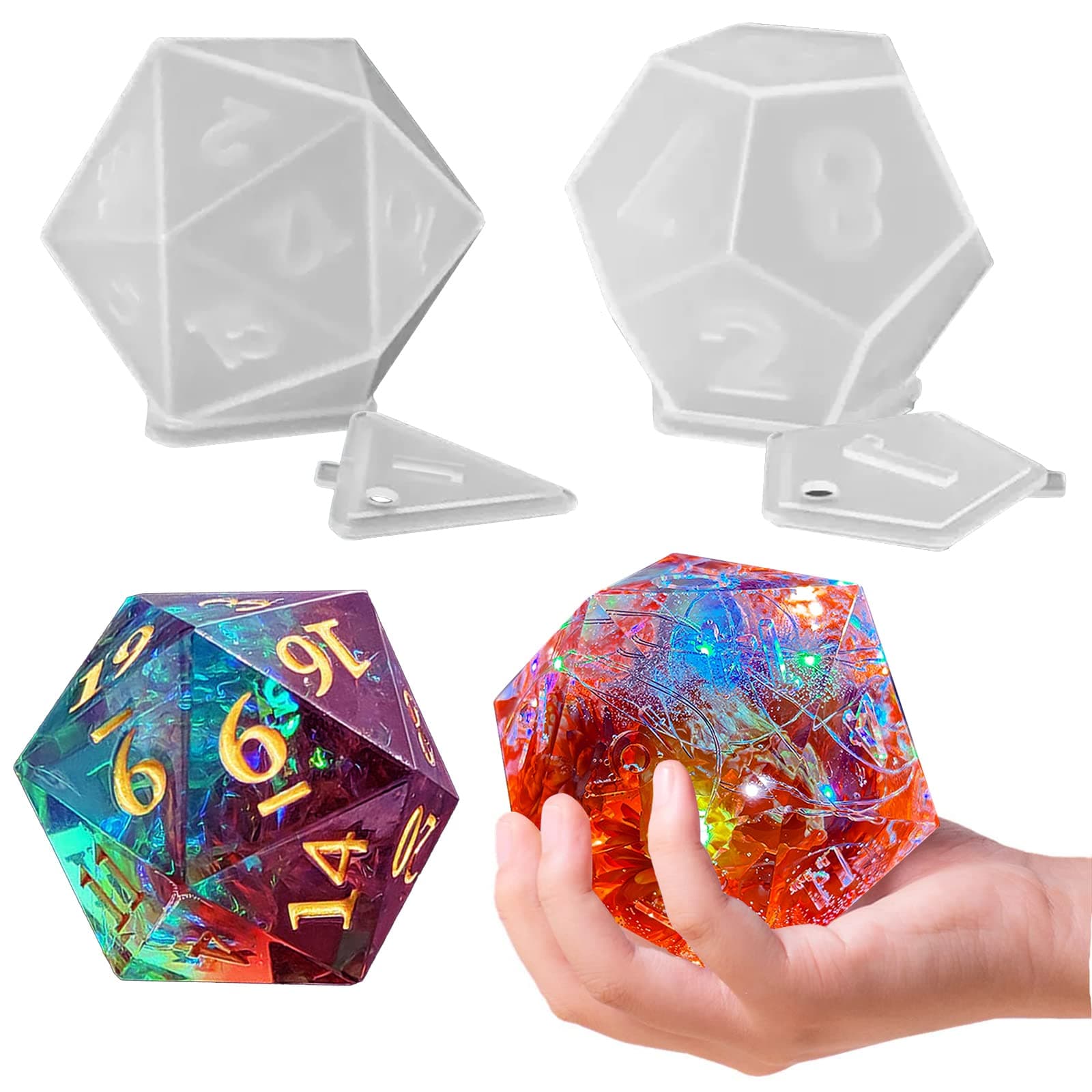Large Dice Resin Molds, 2 Styles Silicone Dice Mold for Epoxy Resin Casting, Triangle Hexagonal D20 D12 Dice Game Mold with Number, Silicone Resin Candle Mold for DIY Art Craft Home Decor