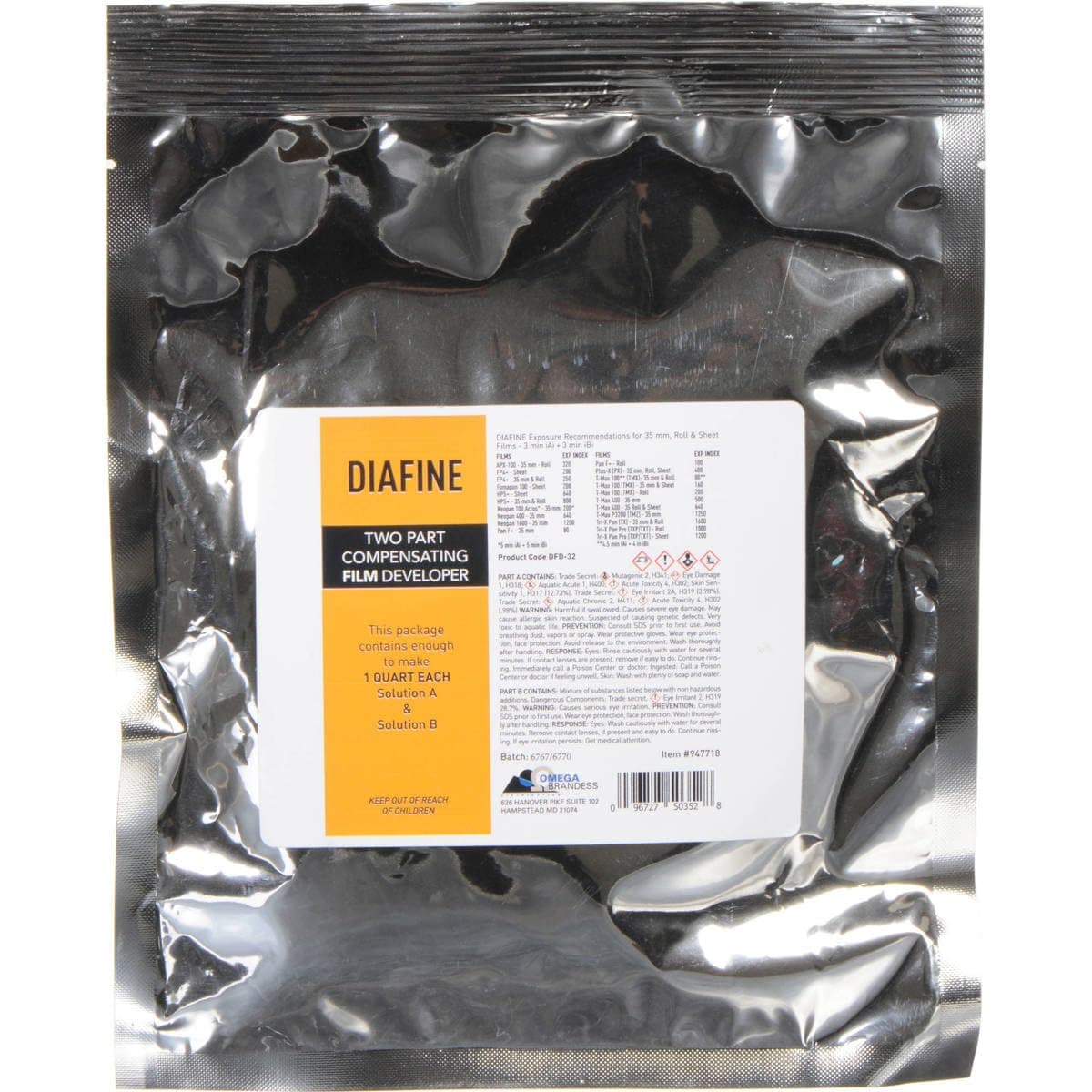 Diafine 2 Bath Black & White Film Developer Concentrate, Makes 1 Qt. of Solution