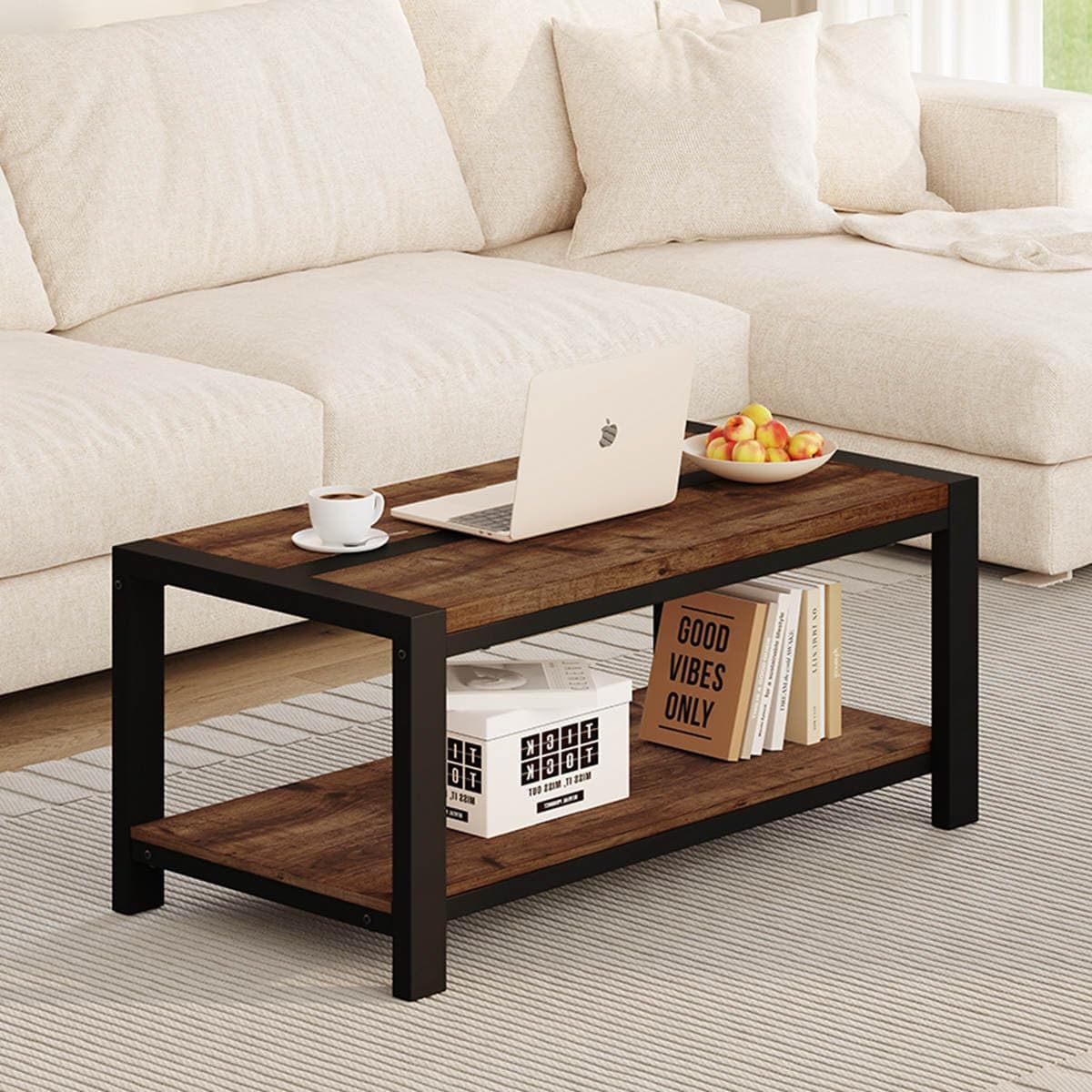 BON AUGURE Coffee Table for Living Room, Industrial Wood and Metal Living Room Tables, Farmhouse Rectangular Center Table (Rustic Oak, 43 Inch)
