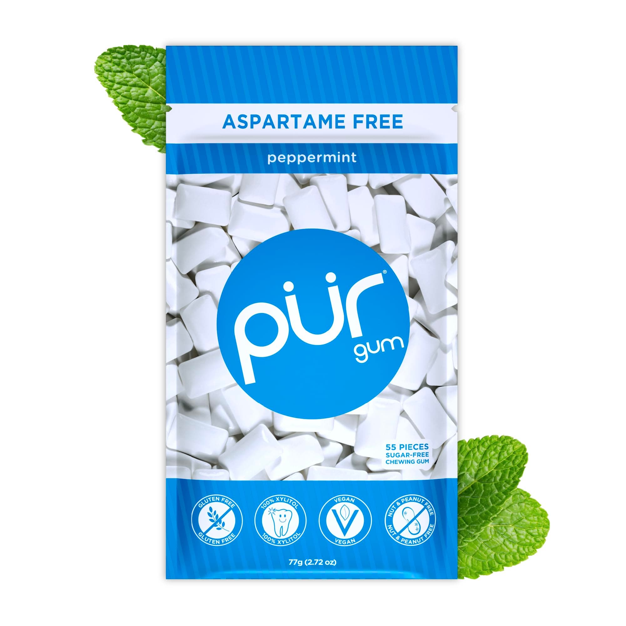 Aspartame Free Chewing Gum | 100% Xylitol | Natural Peppermint Flavored Gum, 55 Pieces (Pack of 1)