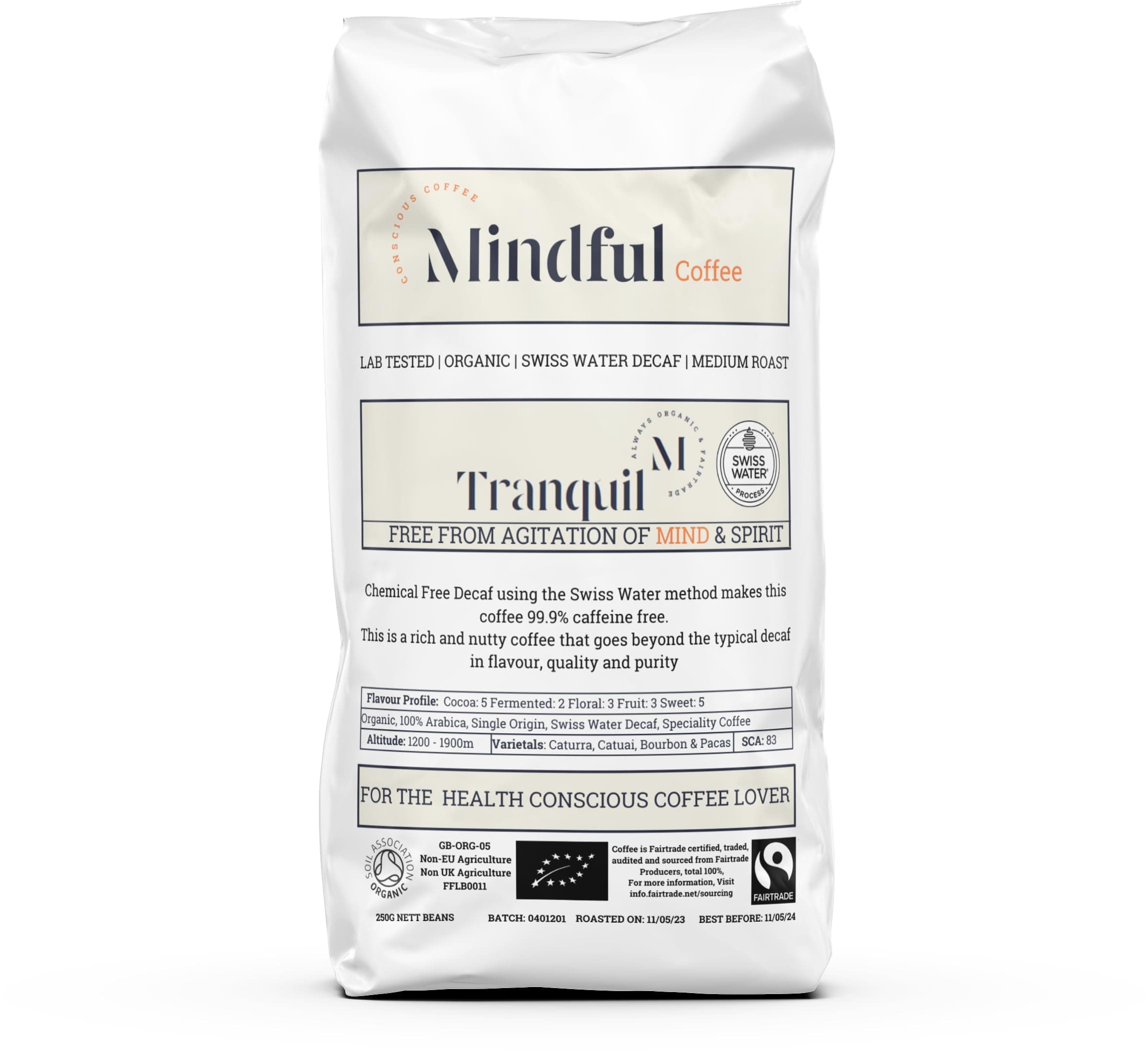 Tranquil | Organic Swiss Water Decaf | Mycotoxin Free - Lab Tested | Freshly Roasted (Cafetiere, 250G)