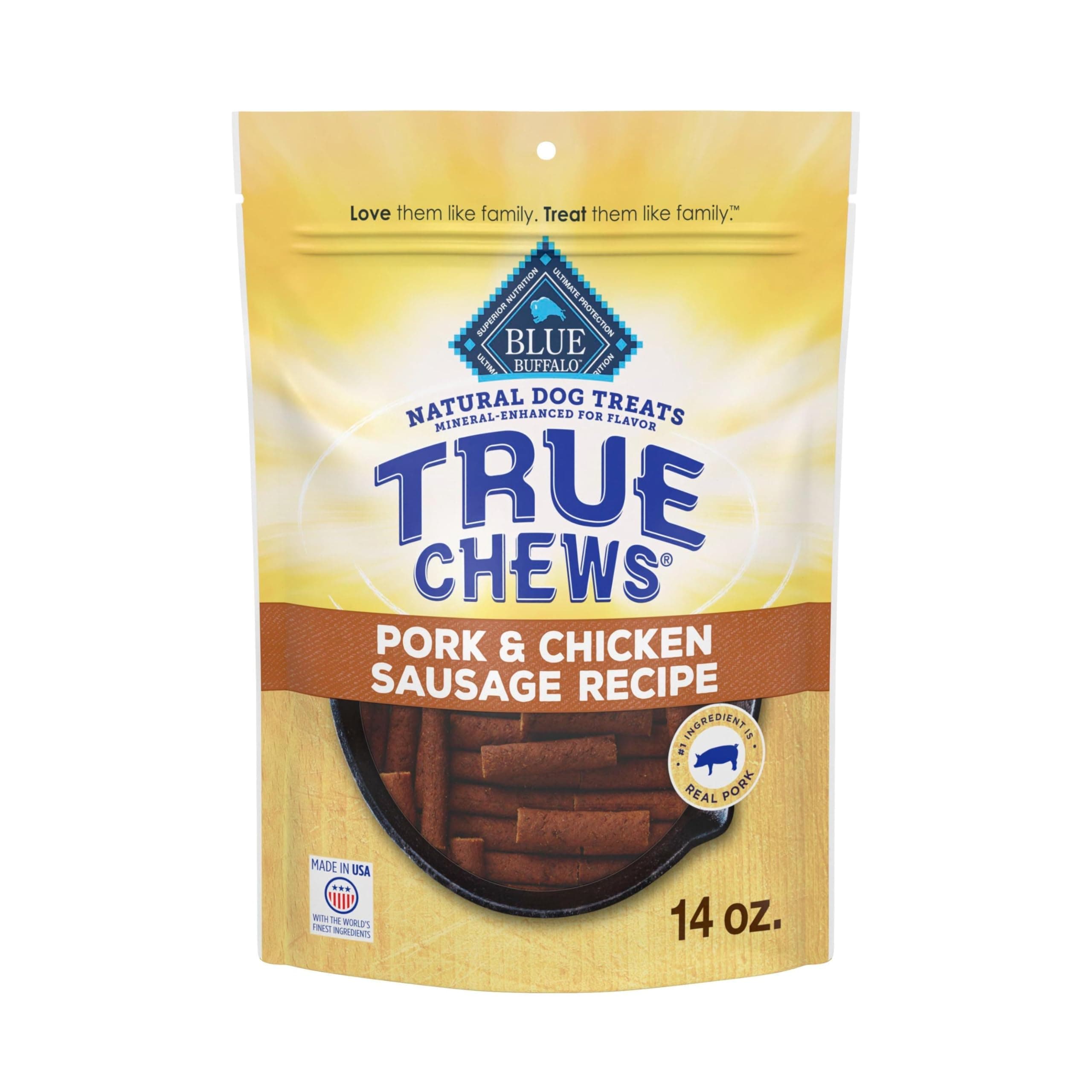 Blue Buffalo True Chews Dog Treats, Made in the USA with Natural Ingredients, Pork and Chicken Sausage Recipe, 14-oz Bag
