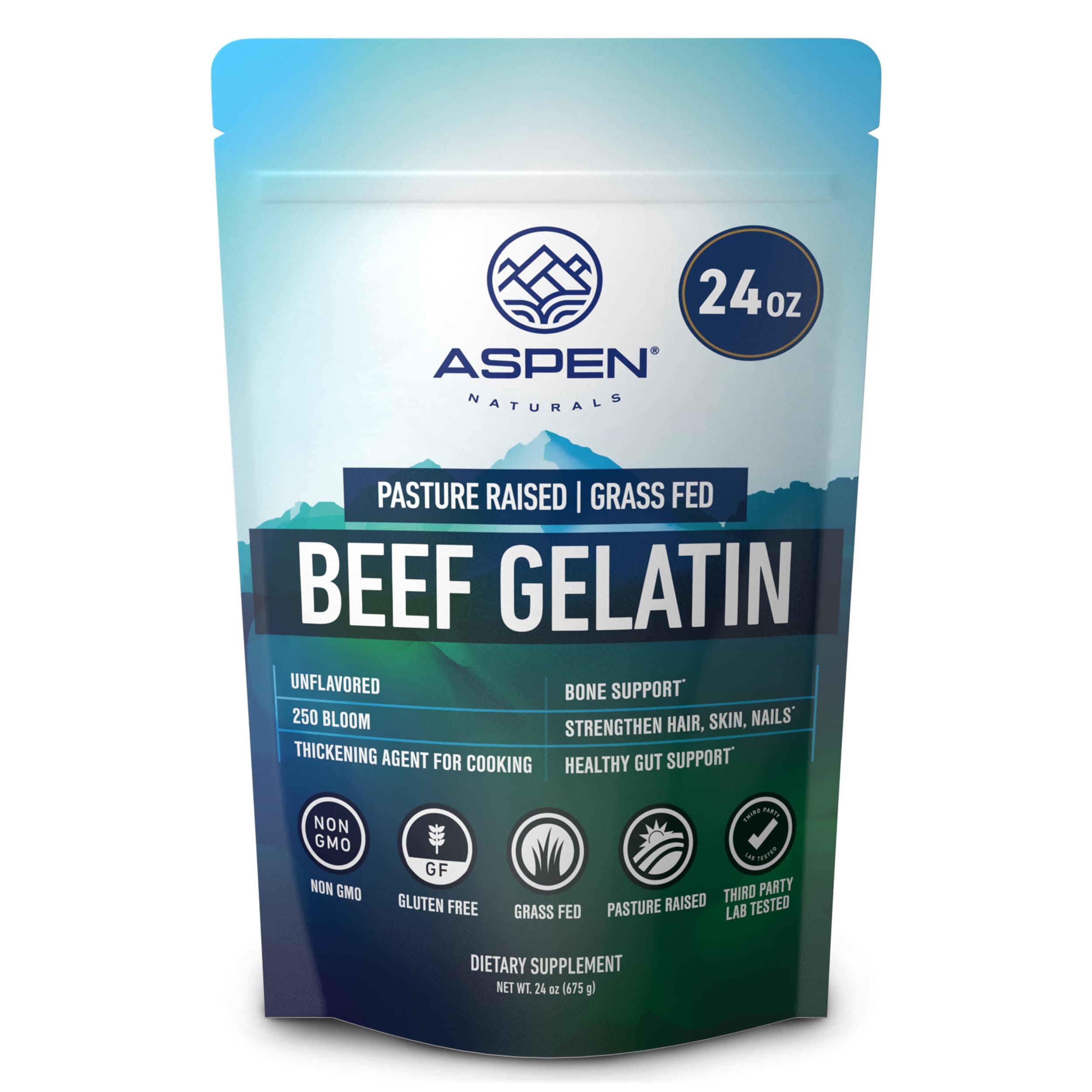 ASPEN NATURALS Beef Gelatin Powder Unflavored 24 Oz | Grass Fed, Pasture-Raised | Non-GMO, Gluten-Free, Paleo-Friendly | Premium Culinary Gelatin | Cooking, Baking, Gummies, Marshmallows & More
