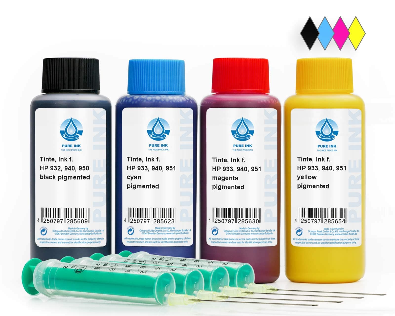 Pure Ink 4x 100 ml CMYK printer ink, refill ink compatible for cartridge HP 932, 933, 940, 950, 951 Refill Set with accessories and refill instructions