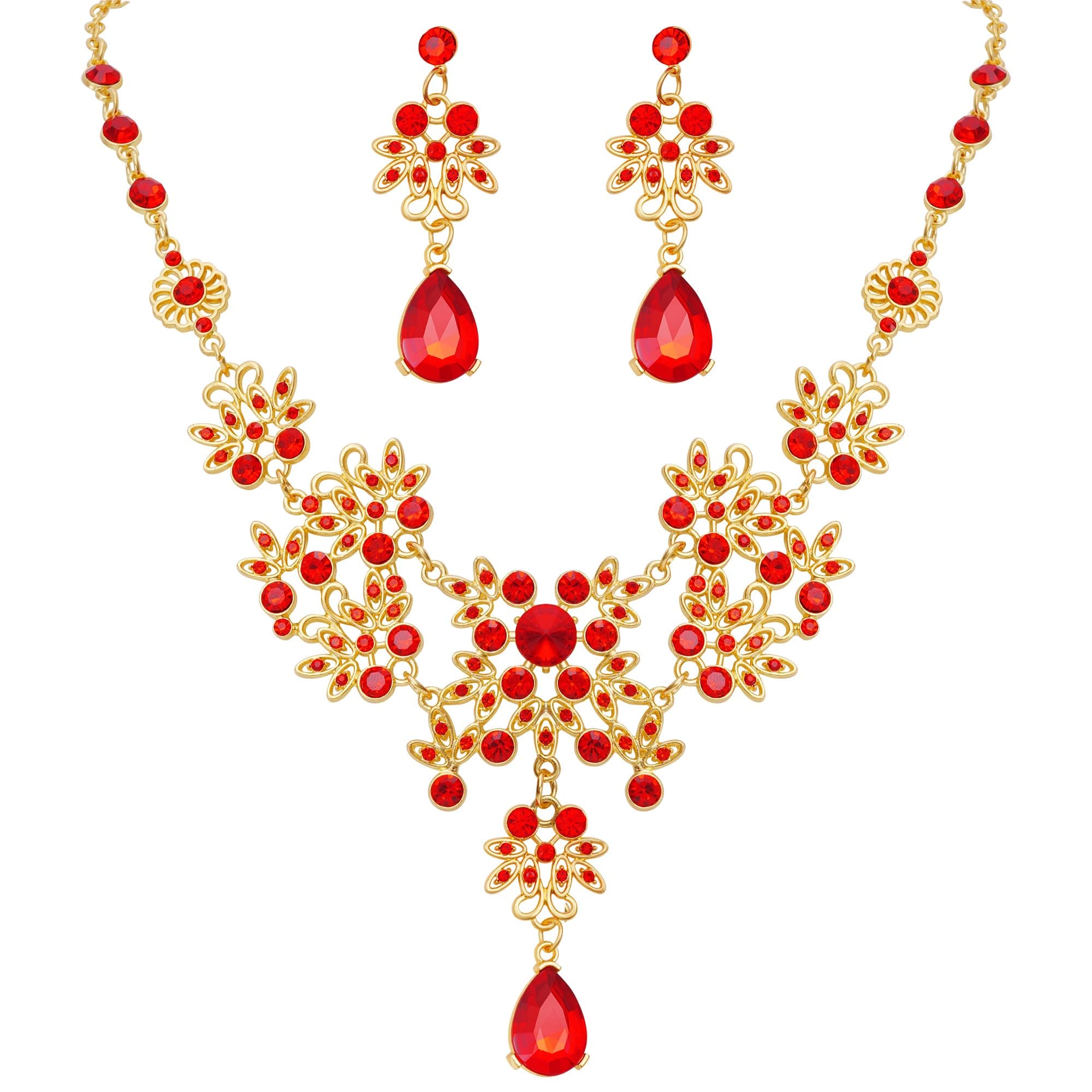 Dxhycc Silver Red Alloy Rhinestone Earrings Crystal Pendant Necklace Bridal Jewelry Set