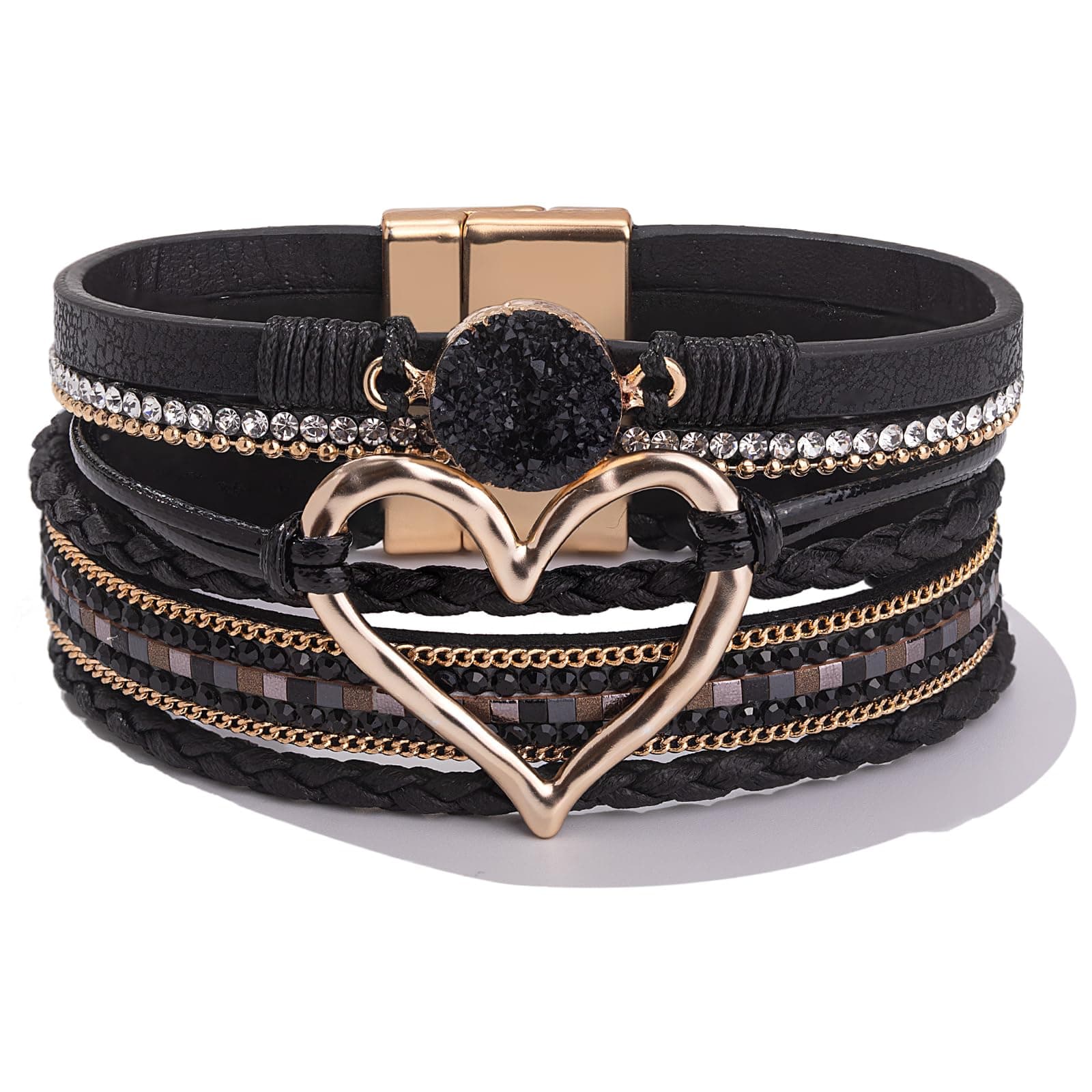 FANCY SHINY Heart Leather Wrap Bracelets Stackable Boho Cuff Bangles Trendy Resin Stone Rhinestone Bracelets with Magnetic Clasp for Women Valentine Gifts