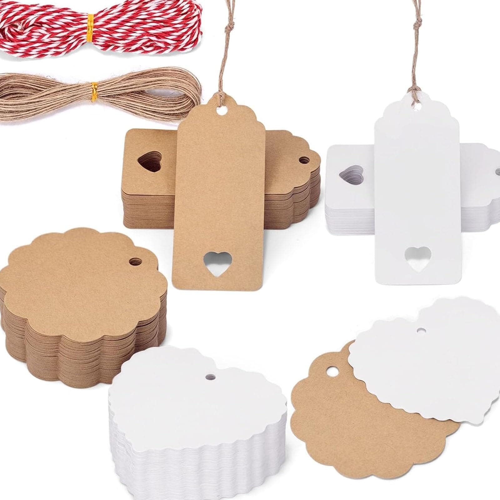 SallyFashion 200Pack Gift Tags with String Attached, 3 Different Designs White and Brown Blank Labels Gift Tags with Strings Hanging for Wedding Party Favor