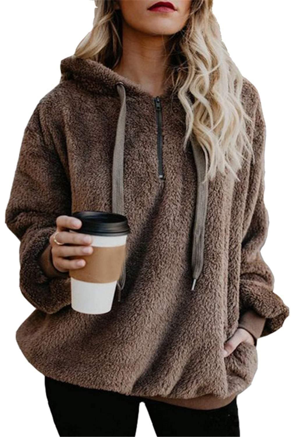 Womens Oversized Sherpa Pullover Hoodie with Pockets Fuzzy Fleece Sweatshirt Fluffy Coats(A Brown,2XL)