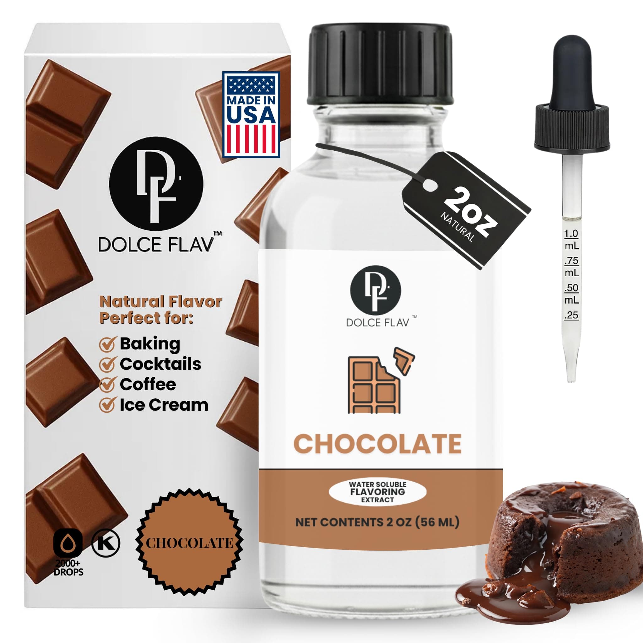 Natural Chocolate Extract – 2 Ounce Water-Soluble Kosher, Sugar-Free, Concentrated Chocolate Flavor for Baking, Coffee, Ice Cream, Smoothies & Desserts, Includes Measured Dropper
