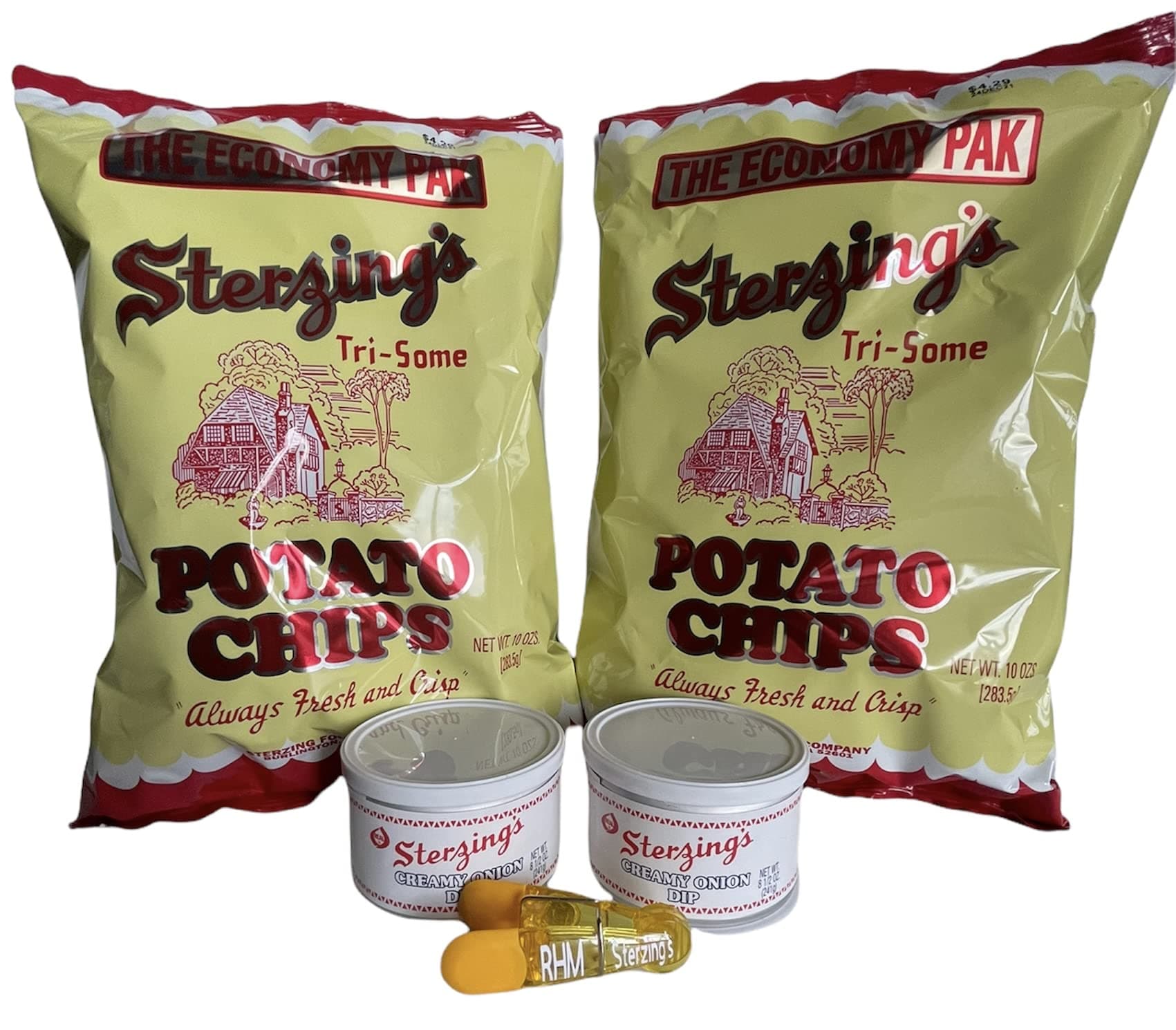 Sterzing's Potato Chips 2- 10oz Bags with 2- 8.5oz Sterzing's Creamy Onion Dip