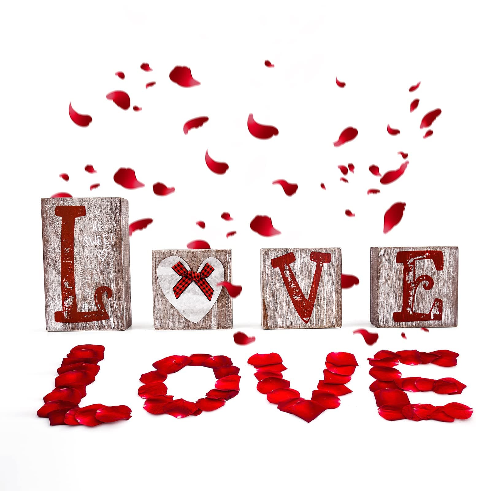 Vintage Wooden Love Blocks Sign Gift Romantic Anniversary Wood Block Sign Iron Wave Heart Design for Mantel Shelf Tabletop Centerpiece Monther Day Gift Valentine's Day Wedding Party Home Decor