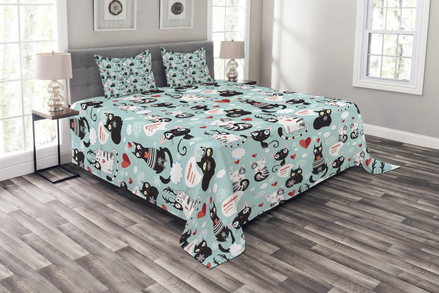 Ambesonne Cat Lover Bedspread, Black and White Cats in Love Meow Print Among Hearts Daydreaming Kitties Cat Ears, Decorative Quilted 3 Piece Coverlet Set with 2 Pillow Shams, King Size, Pale Blue