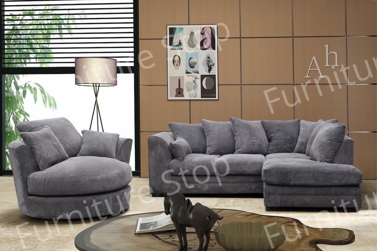 Dylan Corner Sofa & Swivel Chair in Full Jumbo Cord (Grey, Coffee) (Grey, Right Hand)