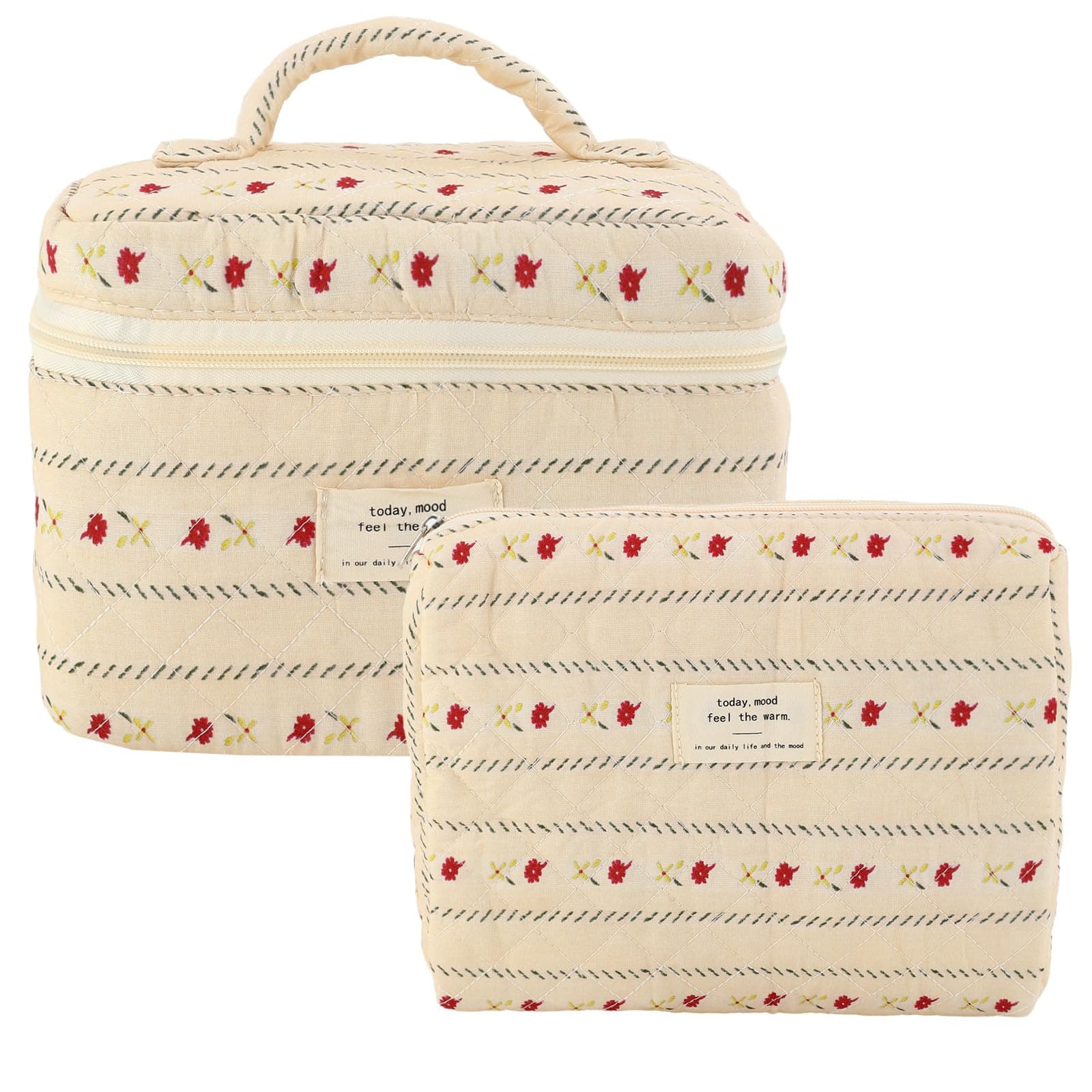 LYDZTION2PCS Floral Quilted Makeup Bag Set for Women,Cosmetic Bag Coquette Travel Makeup Bag Pouch Cute Cotton Aesthetic Makeup Organizer Bag Large Travel Essentials for Women-Tan