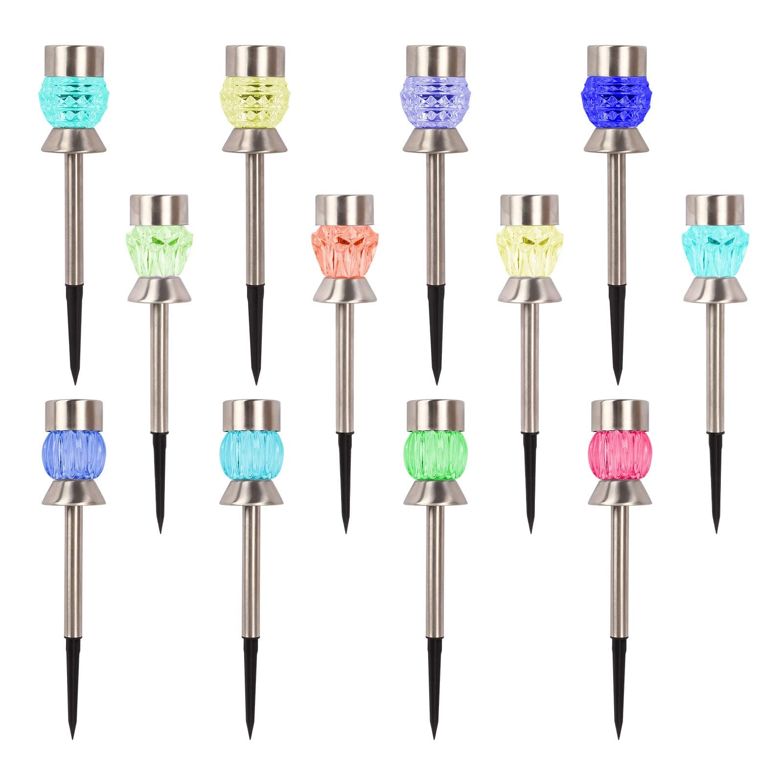 Solar light 12 Packs LED Solar Light Outdoor with 7 Color Changing& 3 Shapes, Stainless Steel Outdoor Solar Lights- IP55 Waterproof, Solar Pathway Lights, for Patio, Walkway, Lawn, Yard and Driveway