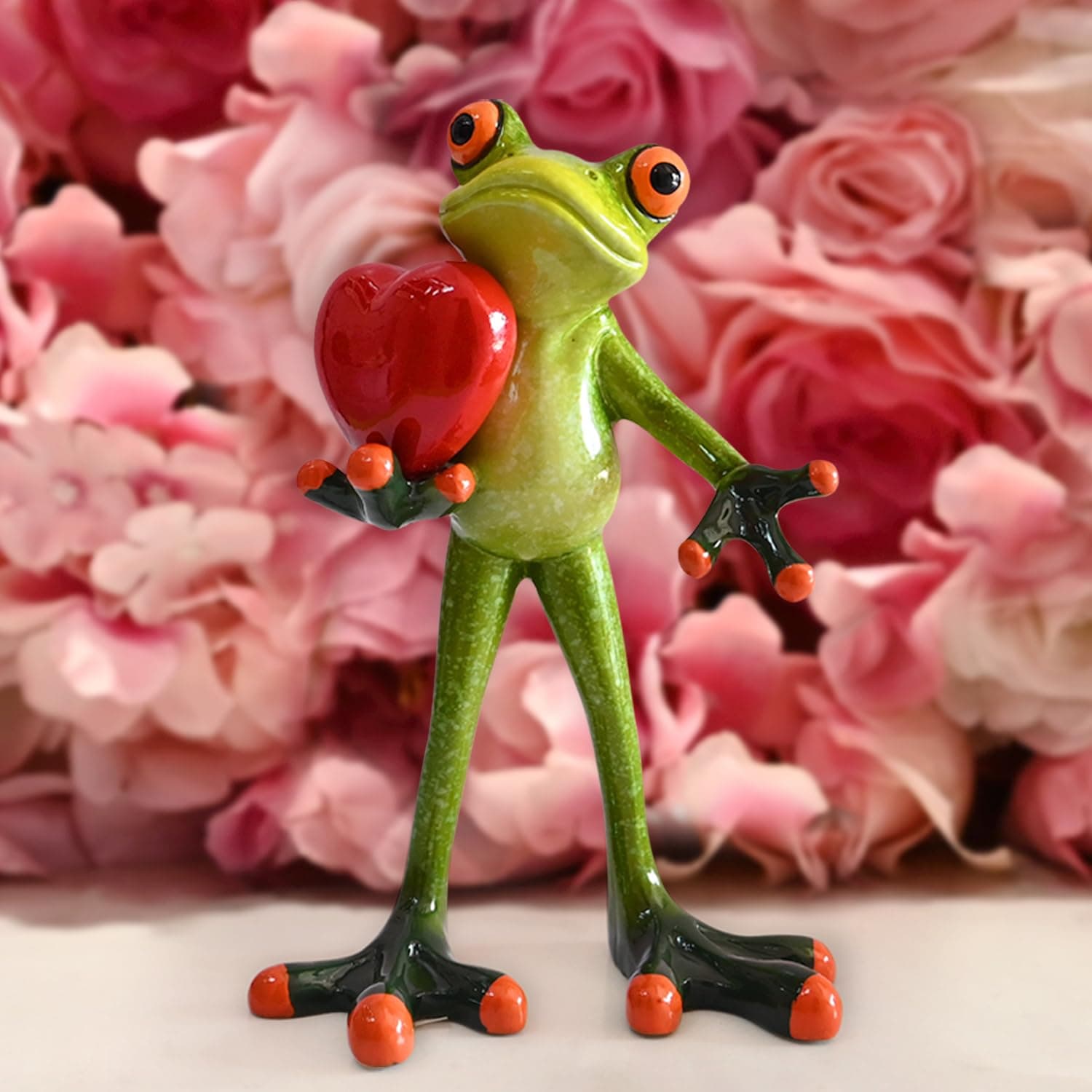 Frog Figurine Home Decor for Mom Women Girl Collectible Statue Office Desk Table Shelf Funny Holding Red Heart Small Valentines Day Decorations Room Ornaments