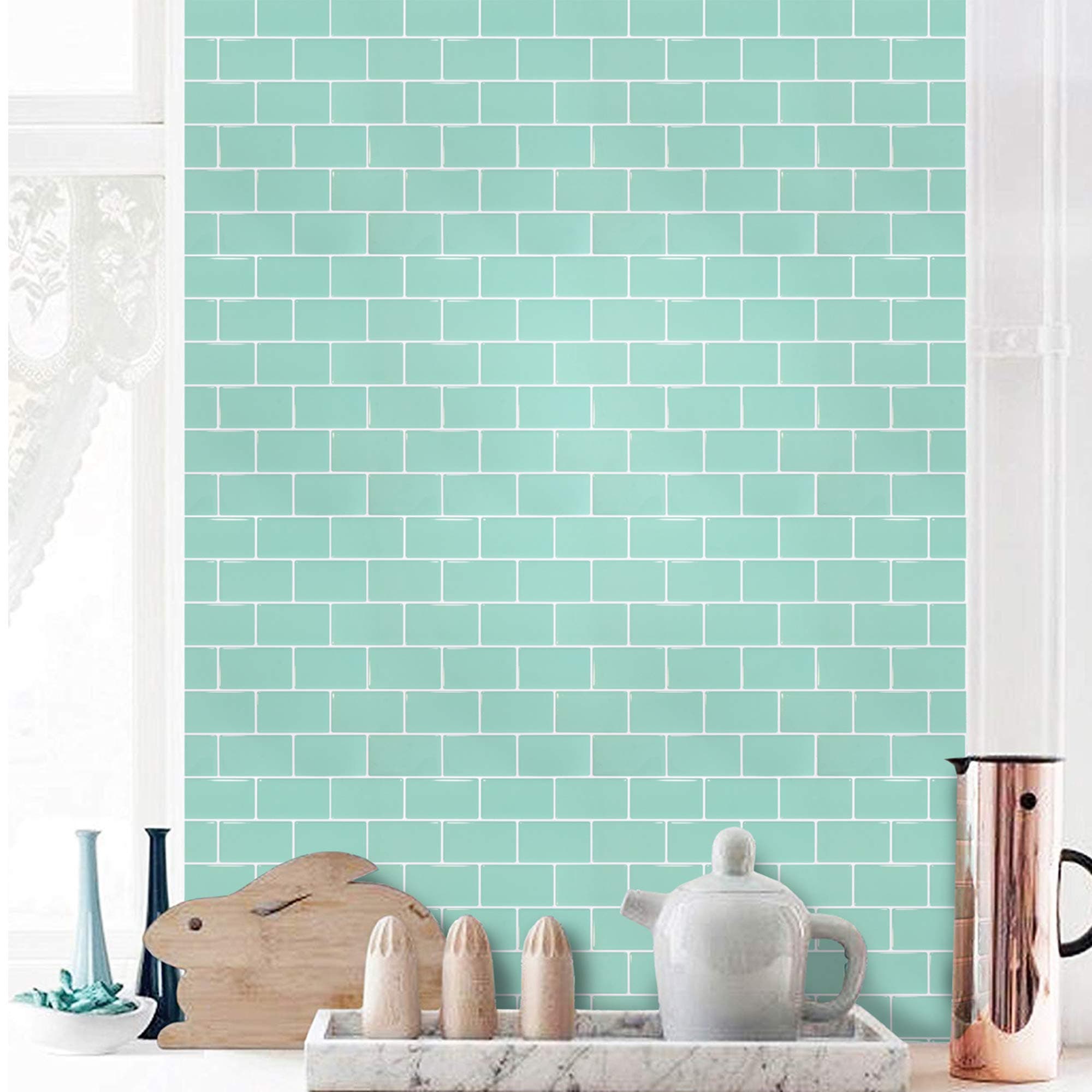 SHINGONE Peel and Stick Wall Tiles Waterproof for Kitchen and Bathroom, 3D Stick on Tiles Metro Subway Tiles Self Adhesive Tile Stickers Backsplash, Green (4 Sheets)