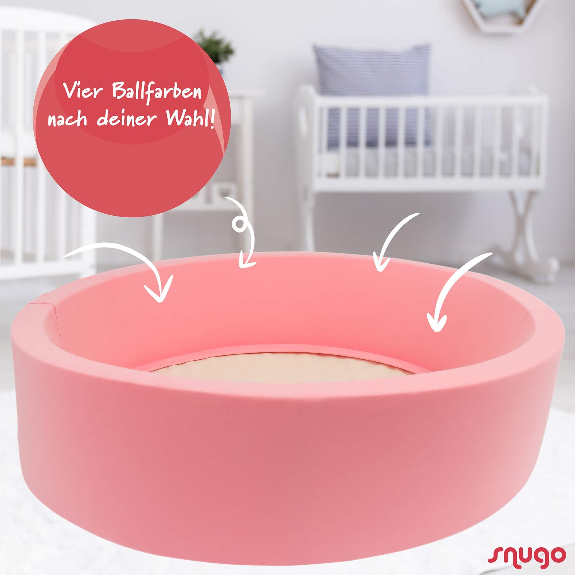 snugo Round ball pit in pink – Made in Germany / Augsburg with over 350 balls in your 4 desired colours.