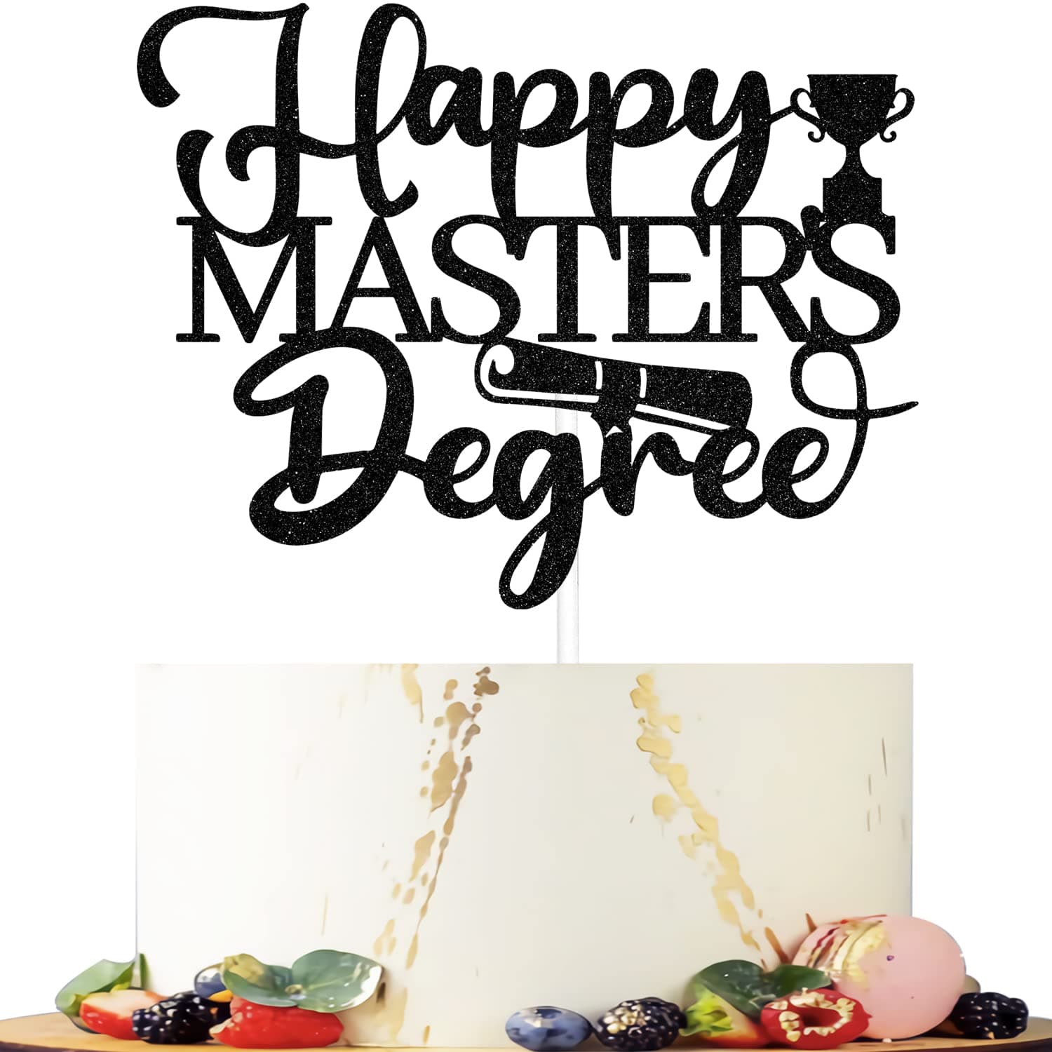 FUUF Black Glitter Happy Master's Degree Cake Topper, Congrats Masters Cake Decor, Congrats Grad 2021 Graduation Party Decorations Supplies