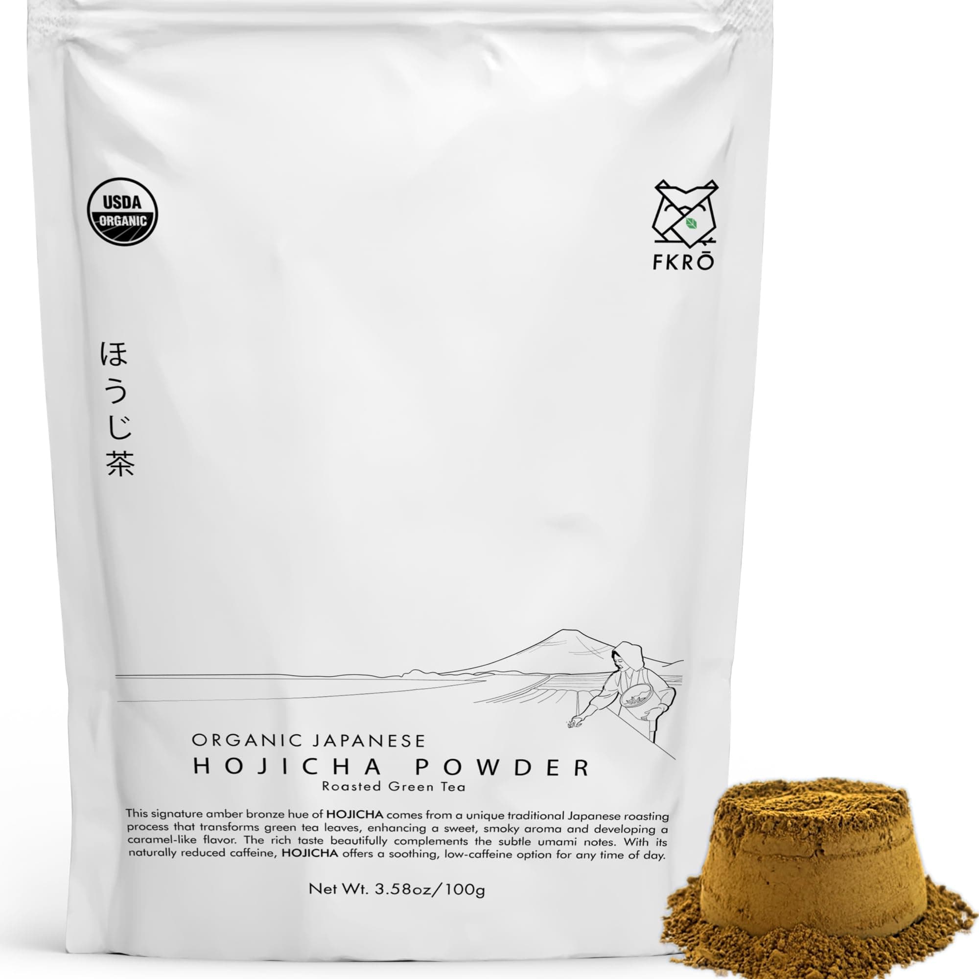 FKRO Organic Hojicha Powder (100g/3.5oz) | Premium First Harvest, Stone Milled Houjicha | Sugar-free, Low Caffeine | Japanese Roasted Green Tea Latte Drink | Flown in Fresh from Japan Every Month