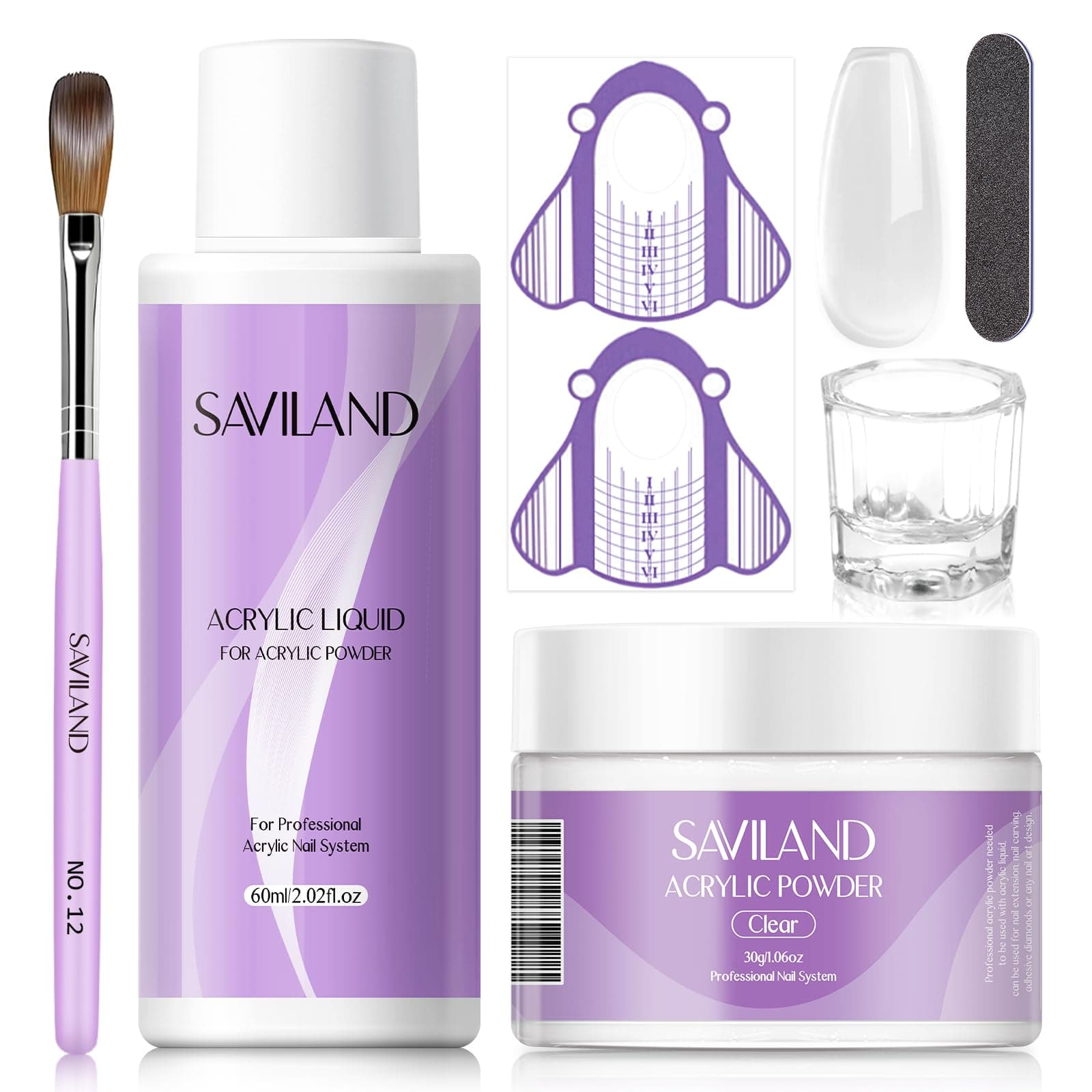 SAVILAND Acrylic Nail Kit Starter Set: Clear Acrylic Powder and Liquid Set with Brush, Forms, Tools for Extension, DIY Home Salon Application - Nail Kit for Beginners with Everything