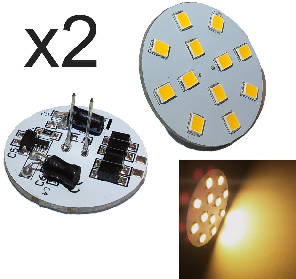 Pack of 2, G4 12 LED 220 Lumen Rear Pin 2.4 Watt 10-30V DC Lamp for Boat, RV, Landscape, Accent, DIY (Warm White)