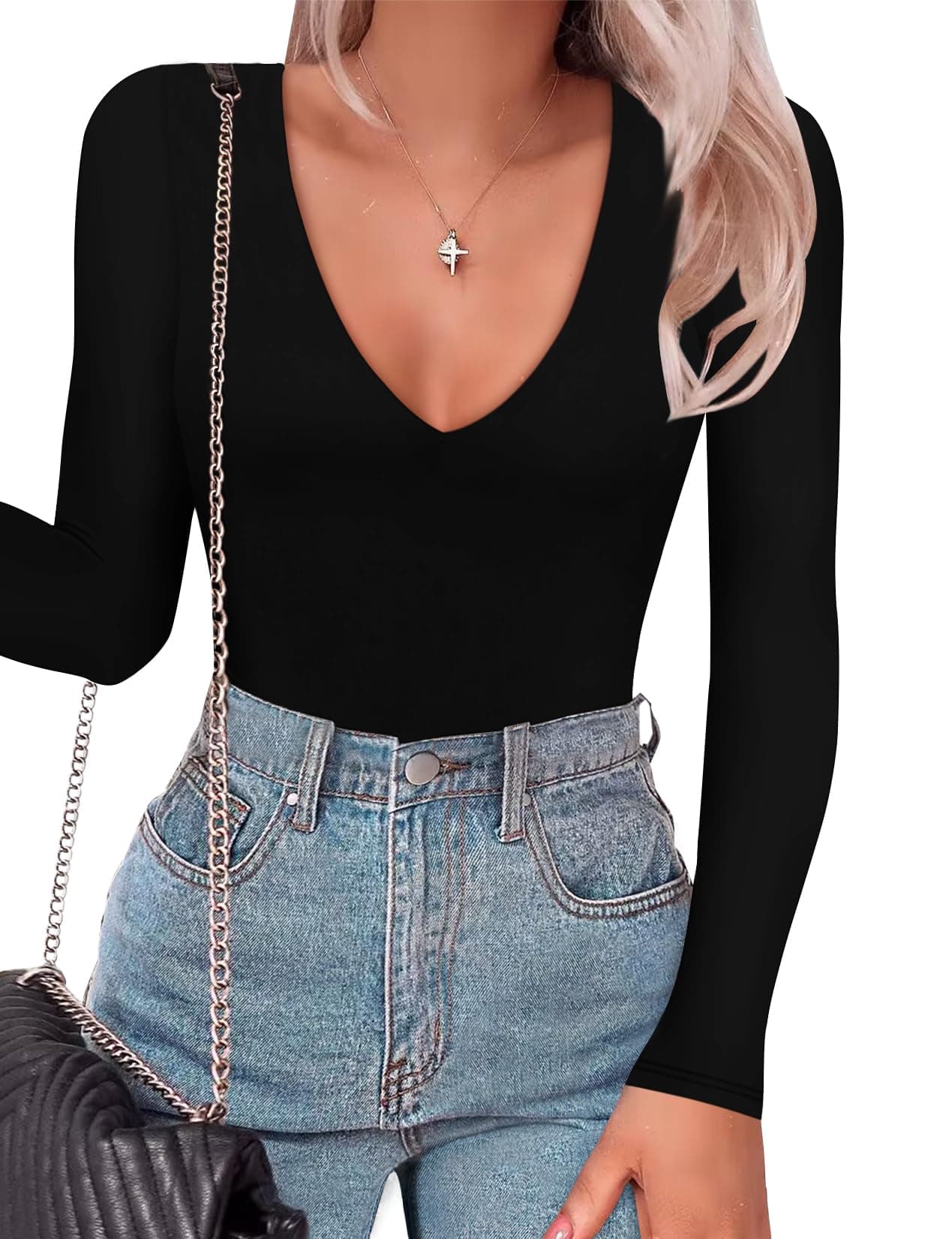 Women's Plunge Deep V Neck Long Sleeve Bodysuit Double Lined Thong Body Suit Shirt Tops