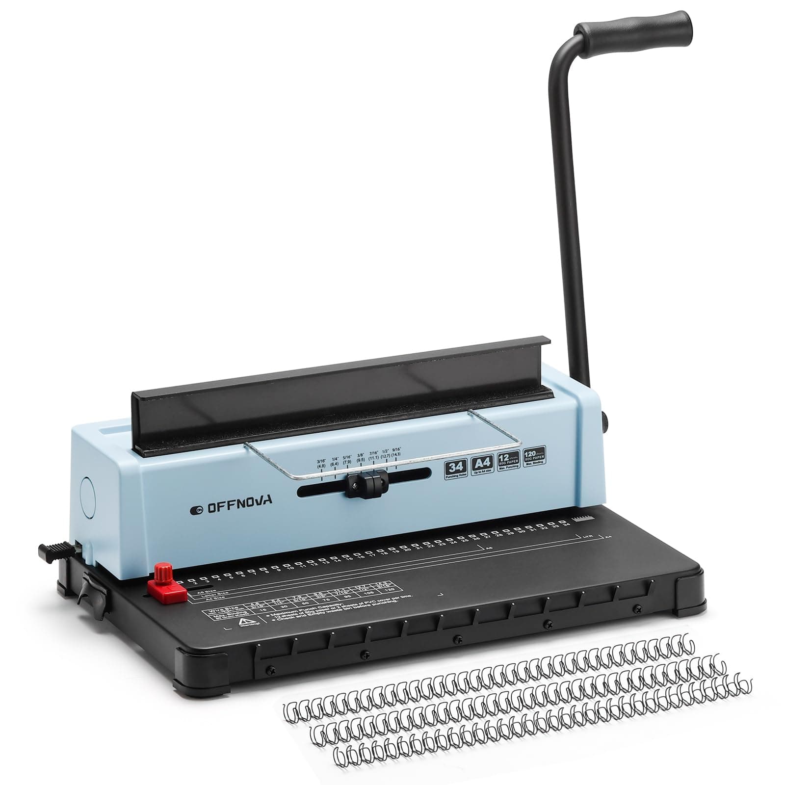 OFFNOVA Wire Binding Machine, Punch 12 Sheets, 34 - Square Punch Holes, Bind 120 Sheets Book Binder with Adjustable Side Margin, Easy to Punch for Letter Size / A4 / A5