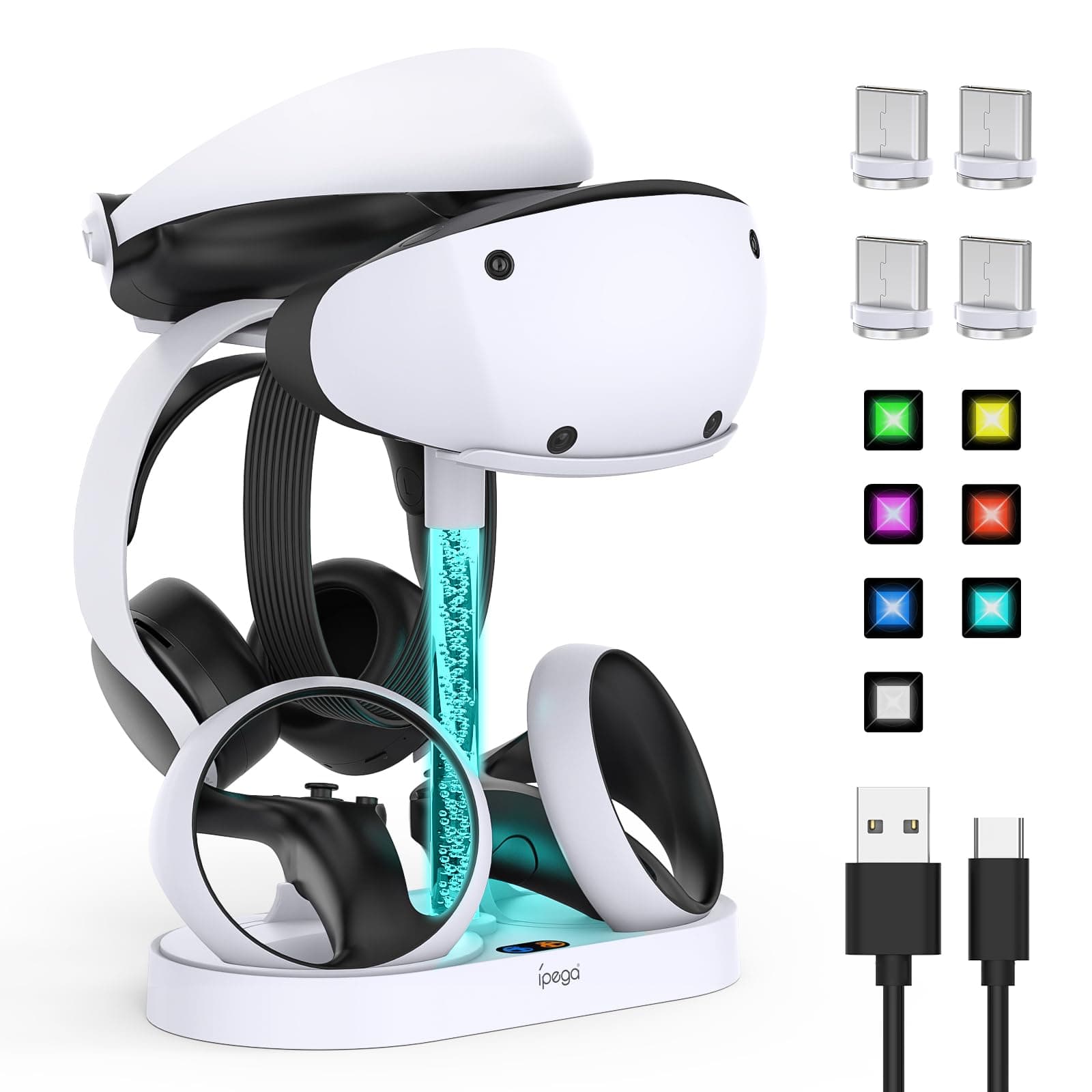 Charging Stand for PlayStation VR2, Multifunctional PS VR2 Headset & Sense Controllers Charge Dock Station with 10 RGB Light Modes of Memory, Storage Base Gaming Accessories for PS5 VR2