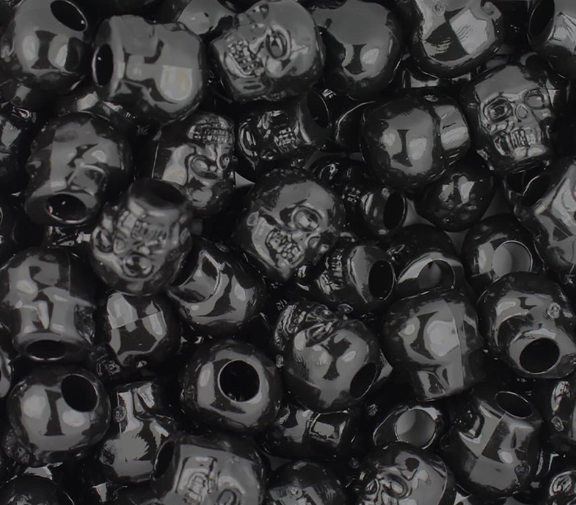 Luxury & Custom {11mm w/ 3mm Hole} of 150 Individual Loose Medium Size "Pony" Beads Made of Acrylic Resin w/ Dark Scary Halloween Spooky Seasonal Skeleton Human Skull Design {Black}