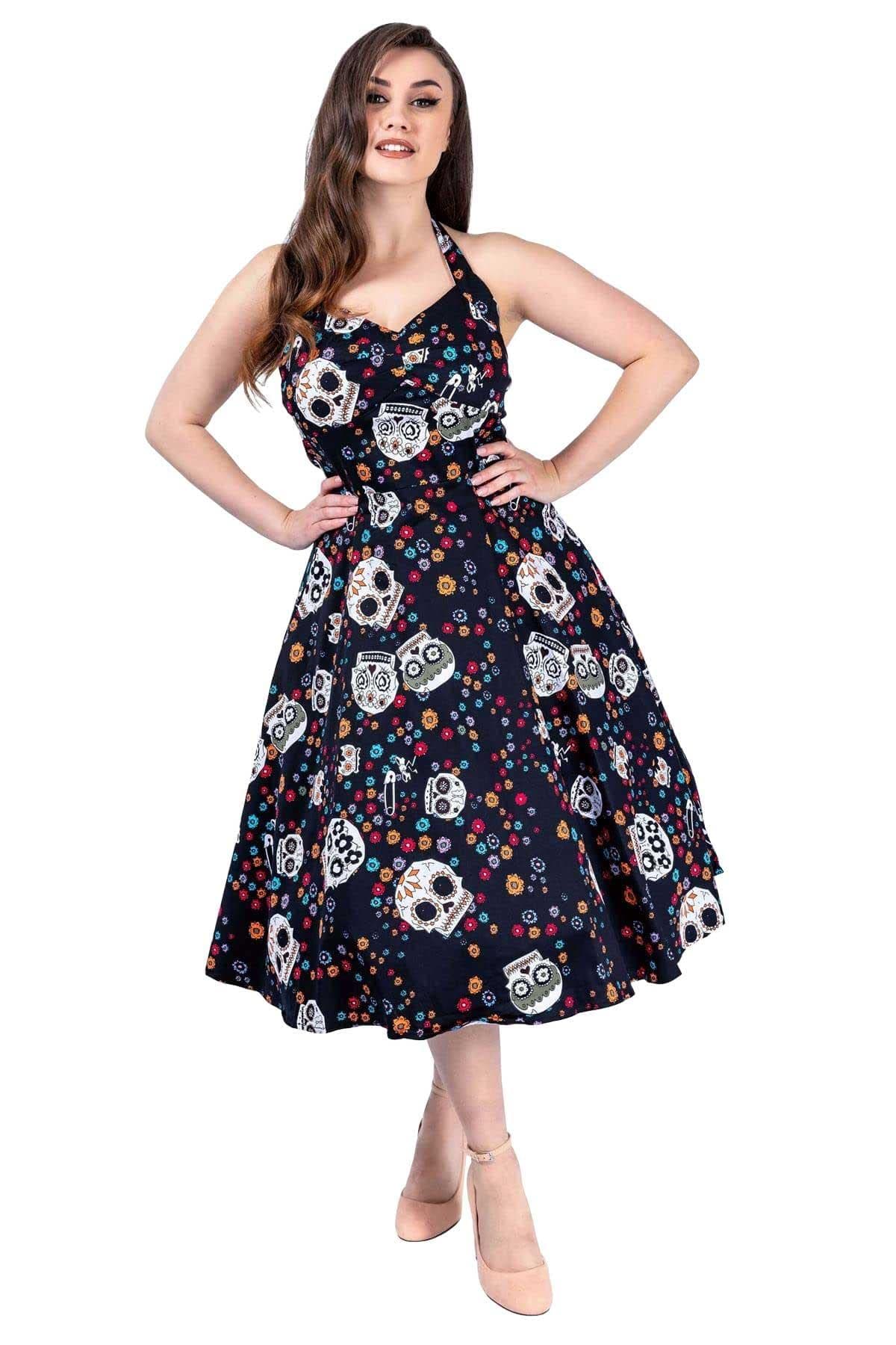 Ro Rox Maxilla Halter Dress - Retro 1950s Dress for Women - Rockabilly Skull Flower Swing Pin-up - Vintage Dress for Women