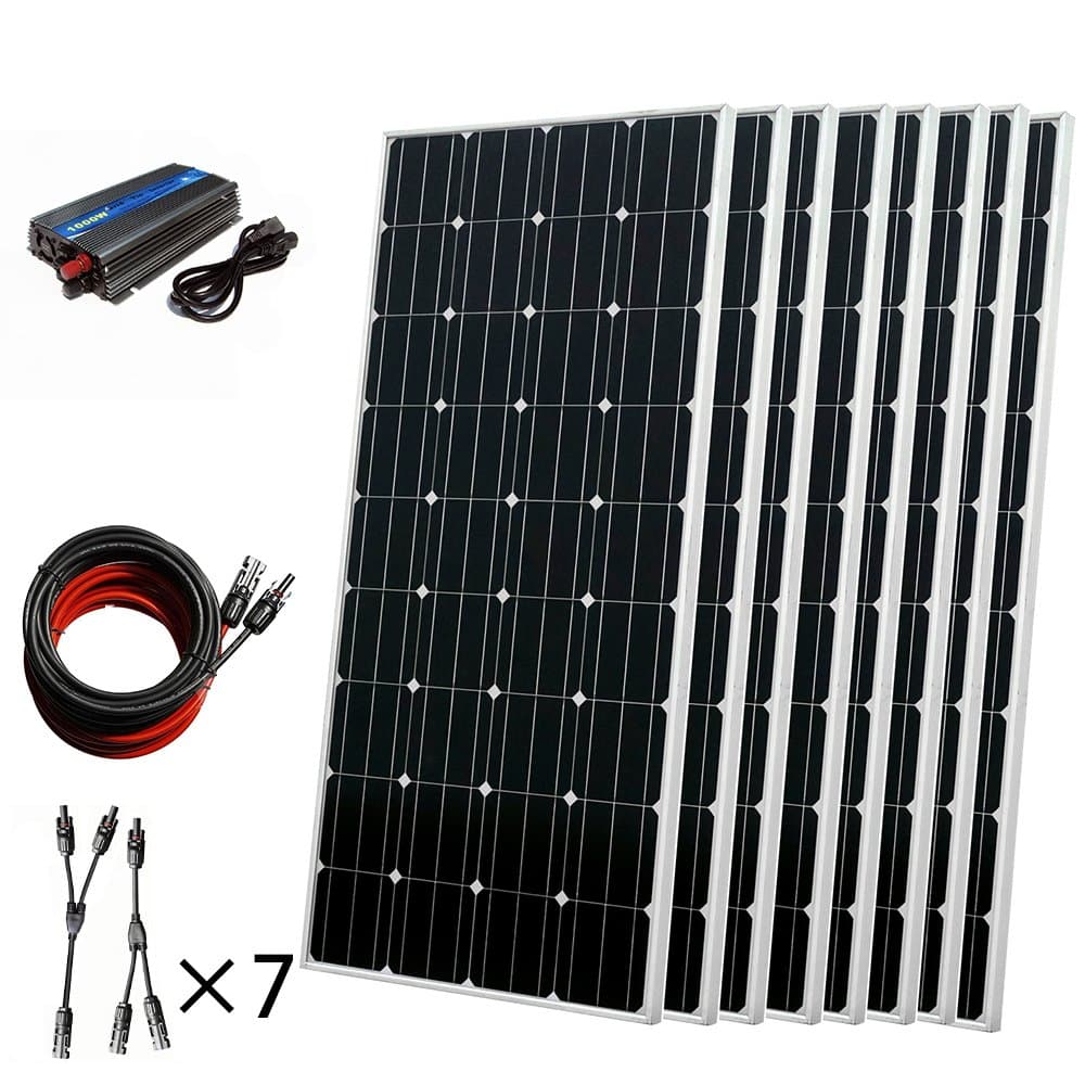 ECOWORTHY 1200W 12V/24V On-Grid Tie kits For Home Power Supply With 8 Pcs 150W Mono solar panels + 1000W On-Grid Inventer + Solar Cable Connectors
