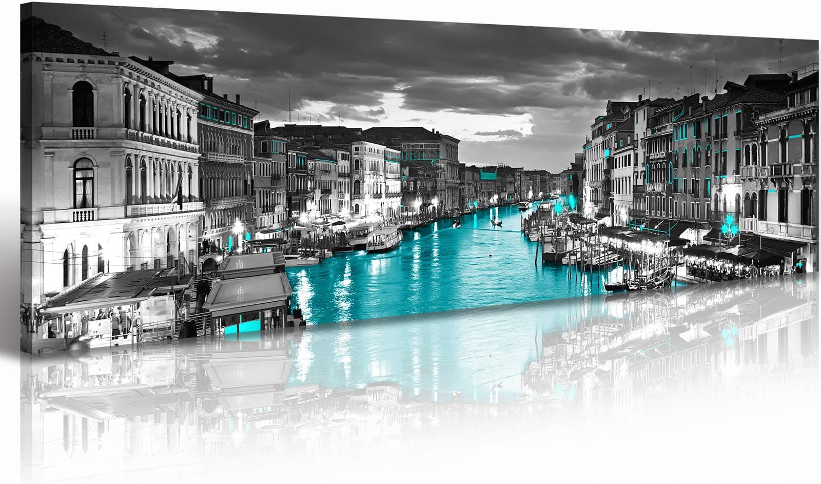 JiazuGo Venice Skyline Wall Art Framed Black and White City Canvas Artwork Italy Wall Art Cityscape Coastal Aqua Green Teal Waterfront Painting Poster for Bedroom Office Decoration Modern Home