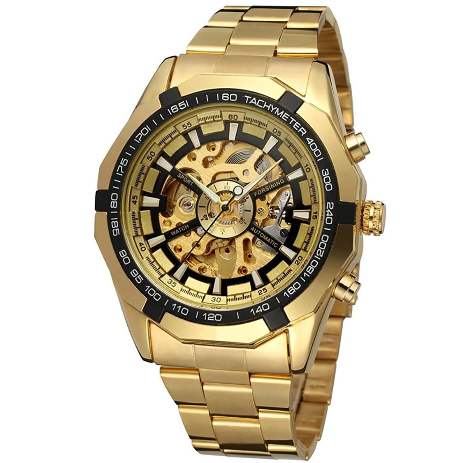 SOAO Luxury Gold Stainless Steel Skeleton Dial Fashion Automatic Mechanical Wristwatch for Men