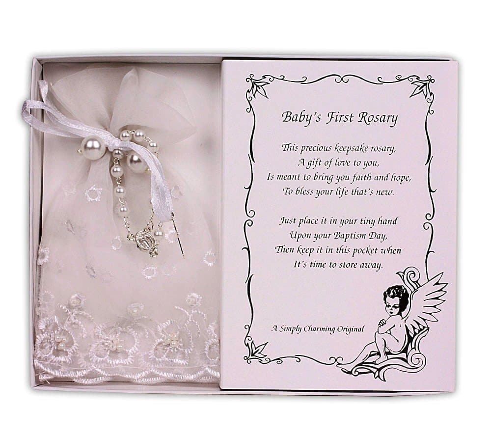 Pearl Baby Baptism Rosary with Lace Bag (White)