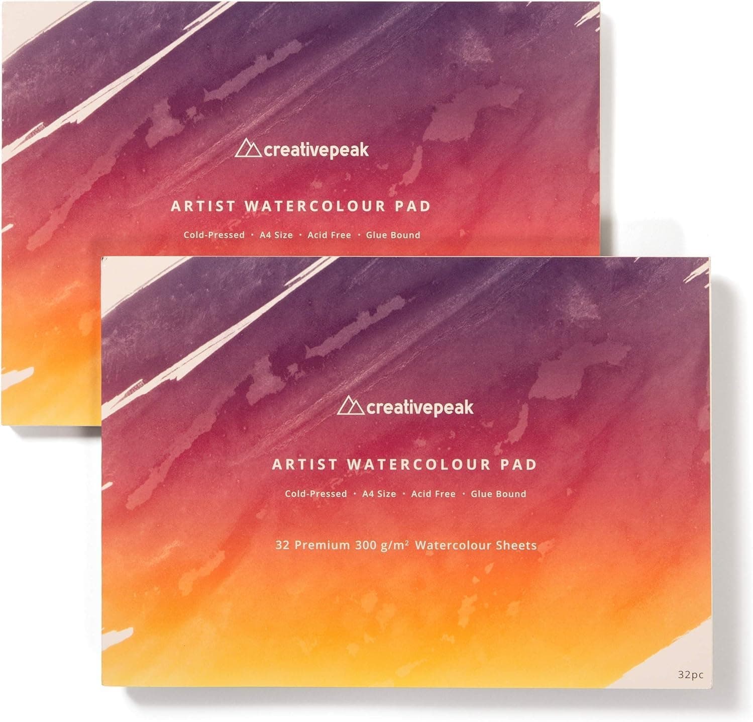 Watercolour Paper Painting Pad (64 Sheets, A4 Size (21x29.7cm), 2 PK) Premium 300 GSM Thick Professional Sketchbook for Mixed Media, Smooth & Slightly Textured Minimizes Bleeding by CreativePeak