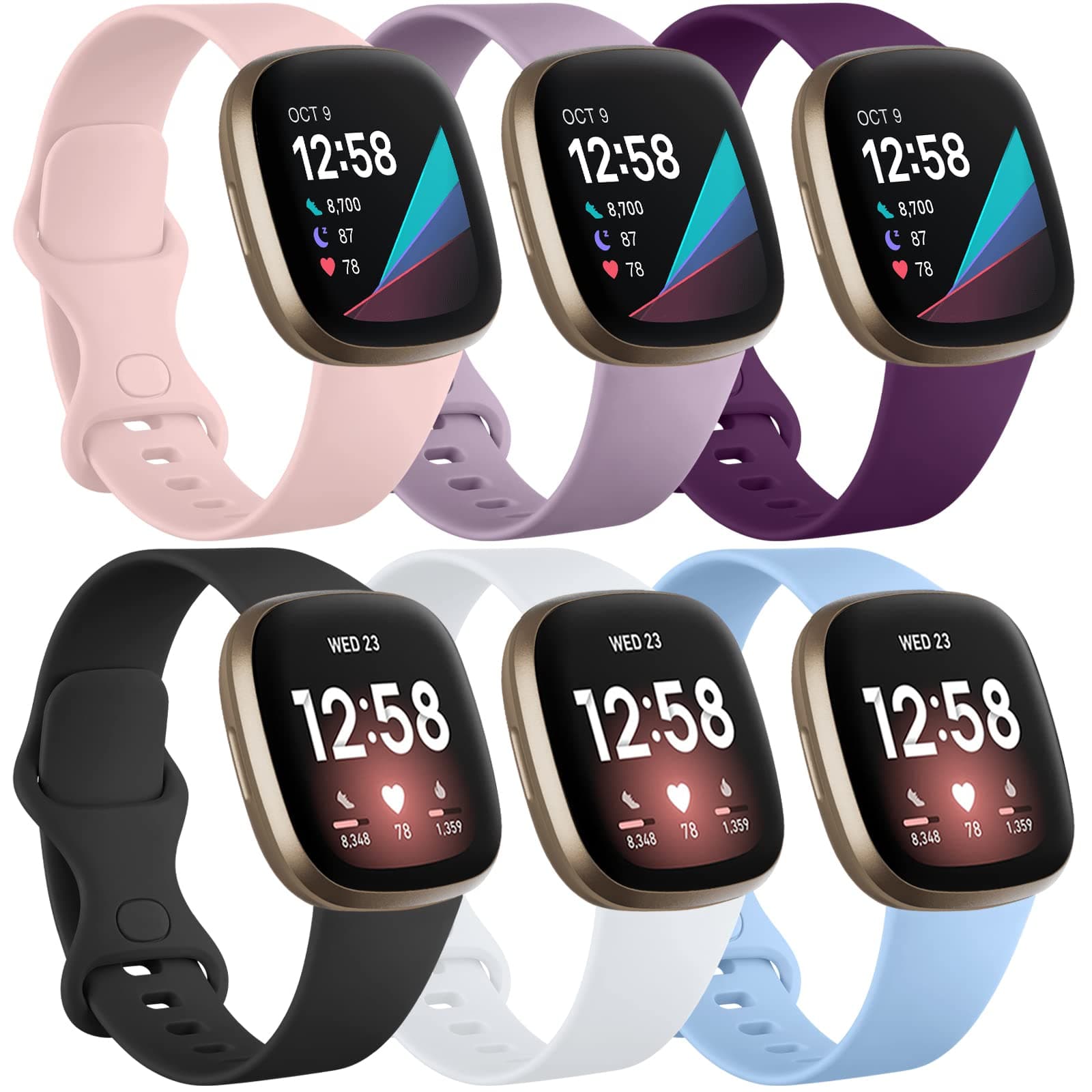 – Charlam 6 Pack Straps Compatible with Fitbit Versa 3/ Versa 4 Straps/Fitbit Sense/Sense 2 Strap, Soft Sport Watch Strap Replacement Wristbands for Women Men, Small Large