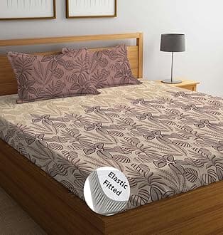 LOOMLYFE 300 TC Cotton Feel Glace Cotton Elastic Fitted Printed Super King Size Bedsheet with 2 Pillow Covers Fits Upto 12 inches Mattress,Size- 72X78 Inches, MaroonCoconut