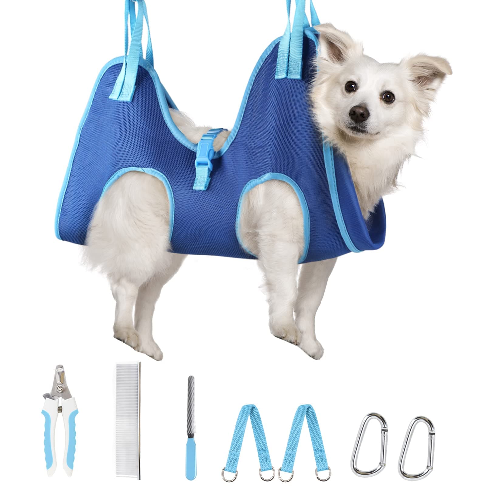 Supet Dog Grooming Hammock for Dog and Cat, Relaxation Pet Grooming Sling Helper, Breathable Pet Grooming Hammock for Nail Trimming, Ear/Eye Car with Nail Clippers/Trimmers/Scissors Blue